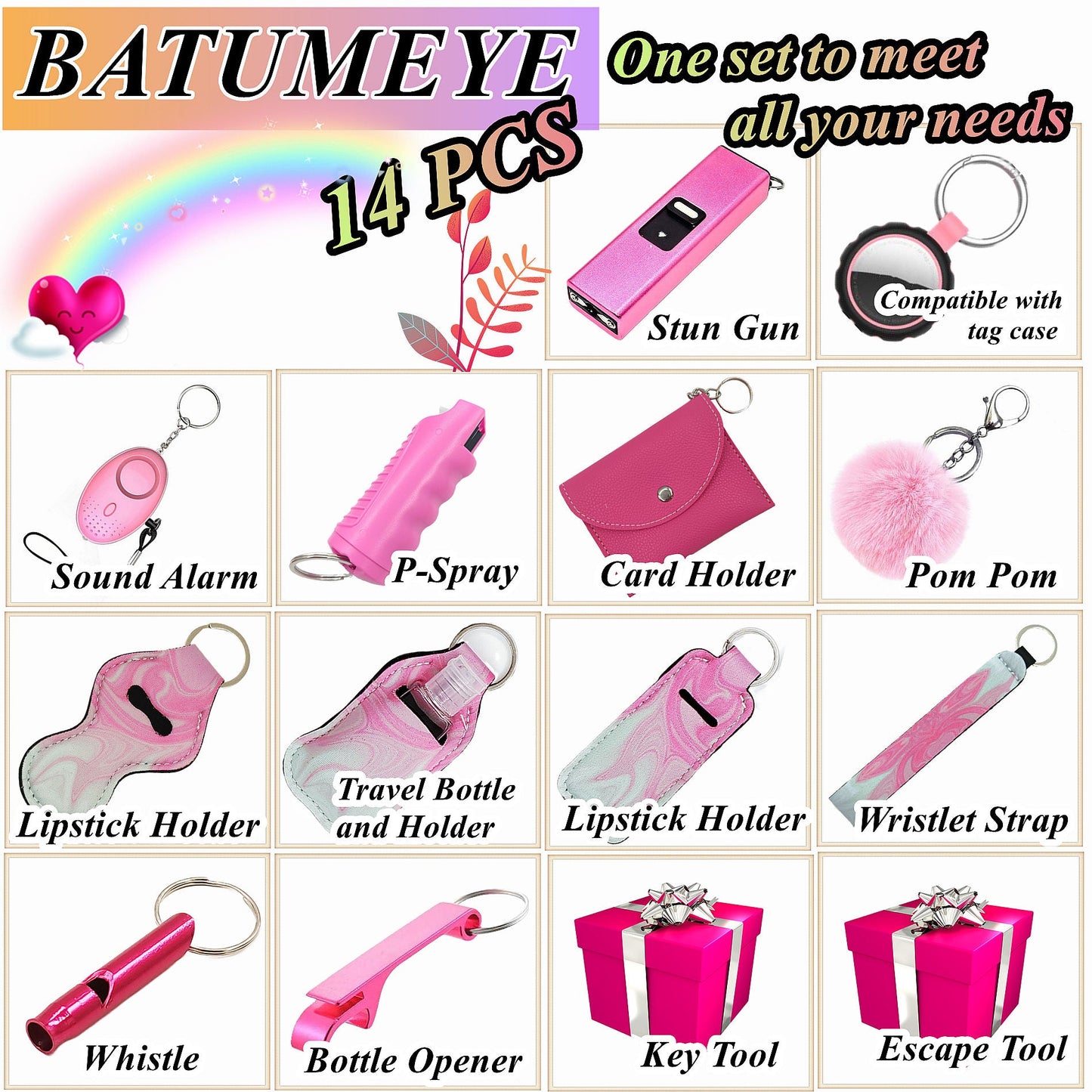 BATUMEYE Gift Set for Woman with Pom Pom Ball, Lip Balm Lanyard, Card Holder, Whistle, Travel Bottle Holder, BottleOpen PinkWhite