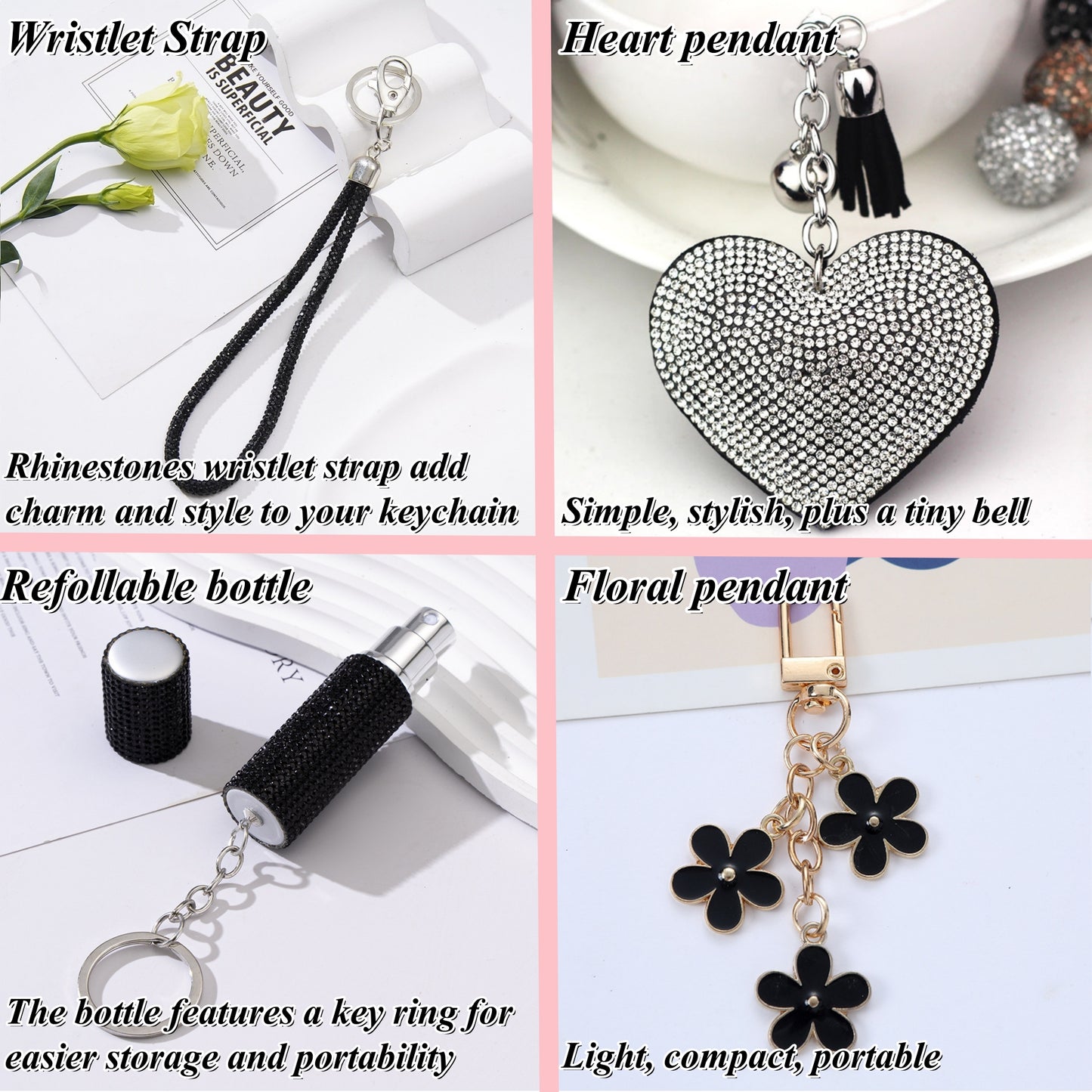 BATUMEYE Gift Keychain Set for Women Including Wrist Strap, Heart Accessory, Petal Decor and Pom Pom Cowprint