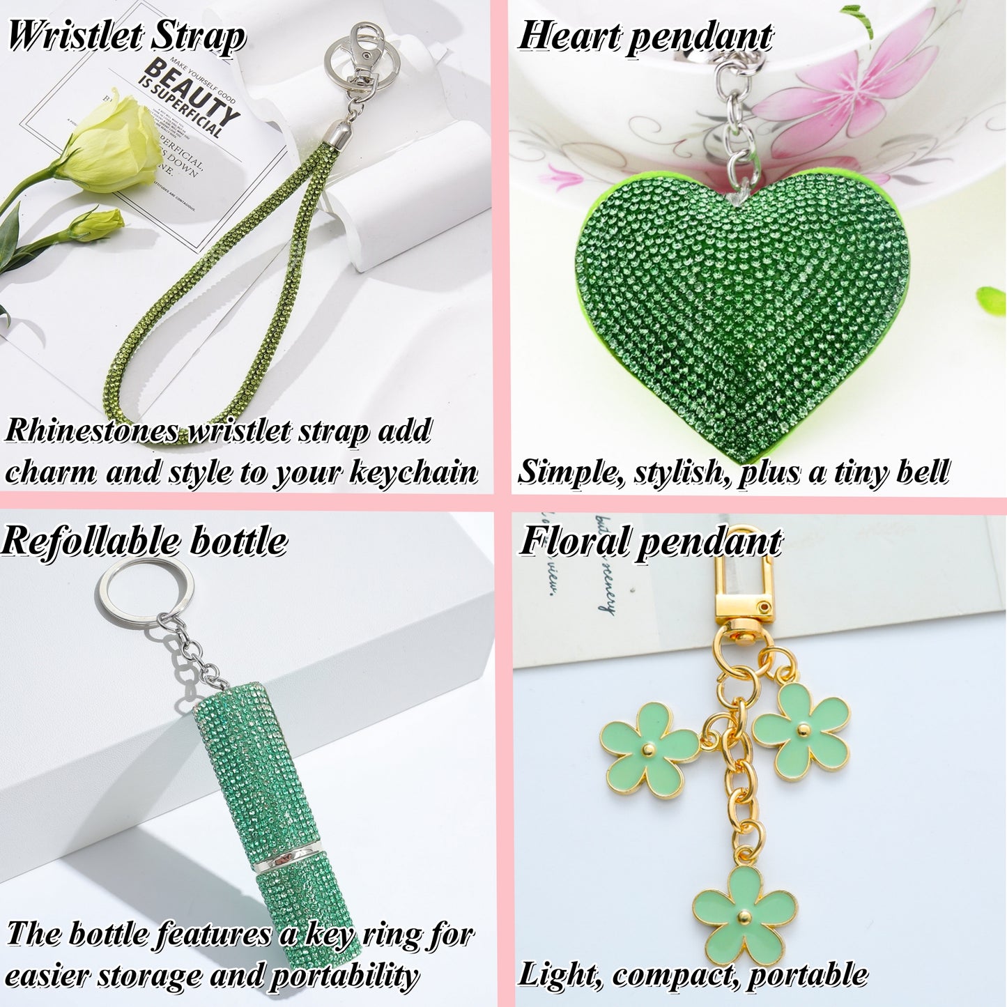 BATUMEYE Gift Keychain Set for Women Including Wrist Strap, Heart Accessory, Petal Decor and Pom Pom Green