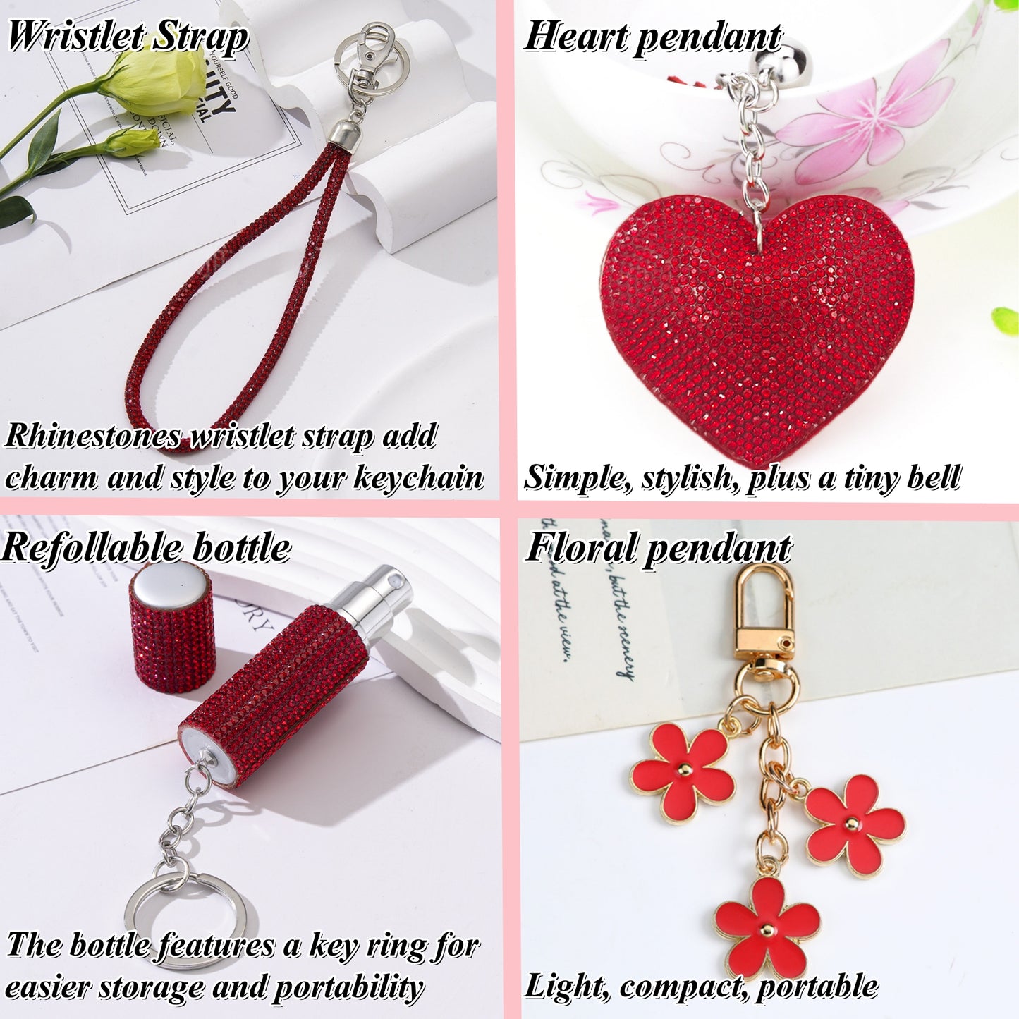 BATUMEYE Gift Keychain Set for Women Including Wrist Strap, Heart Accessory, Petal Decor and Pom Pom Red