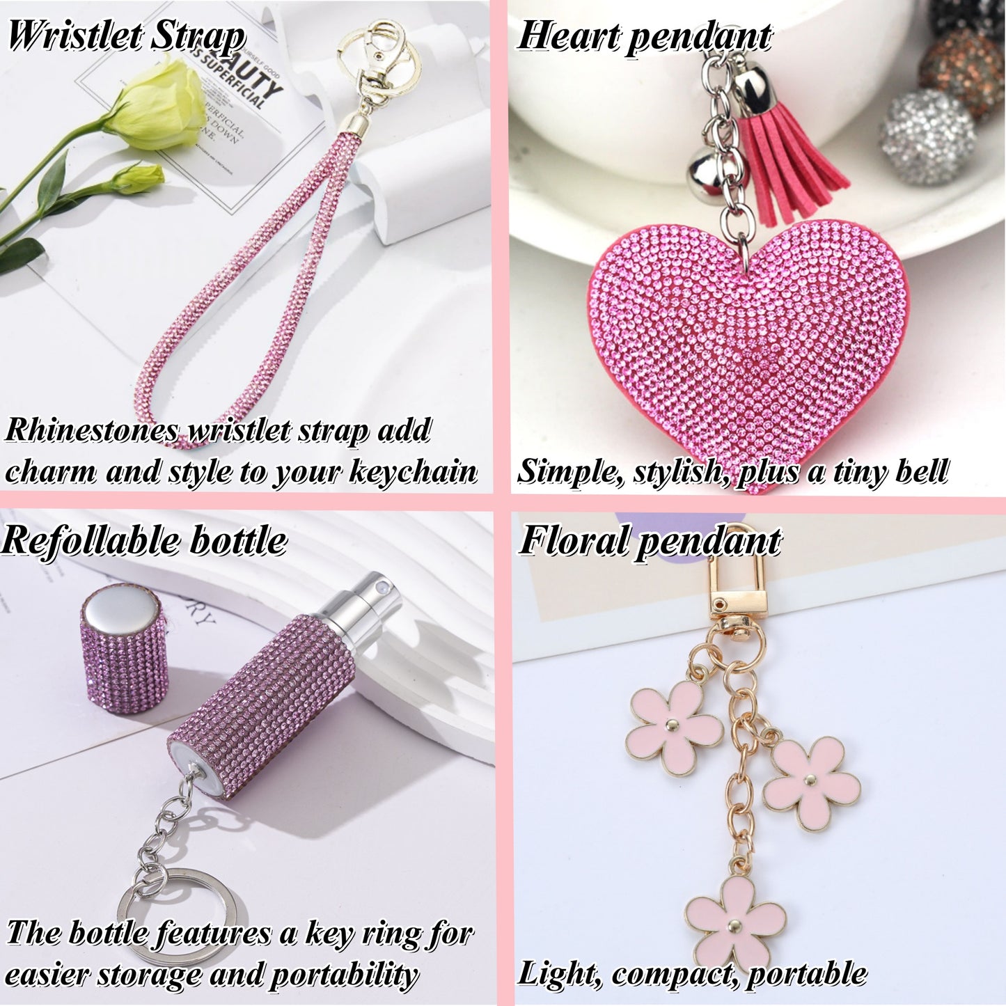 BATUMEYE Gift Keychain Set for Women Including Wrist Strap, Heart Accessory, Petal Decor and Pom Pom Pink
