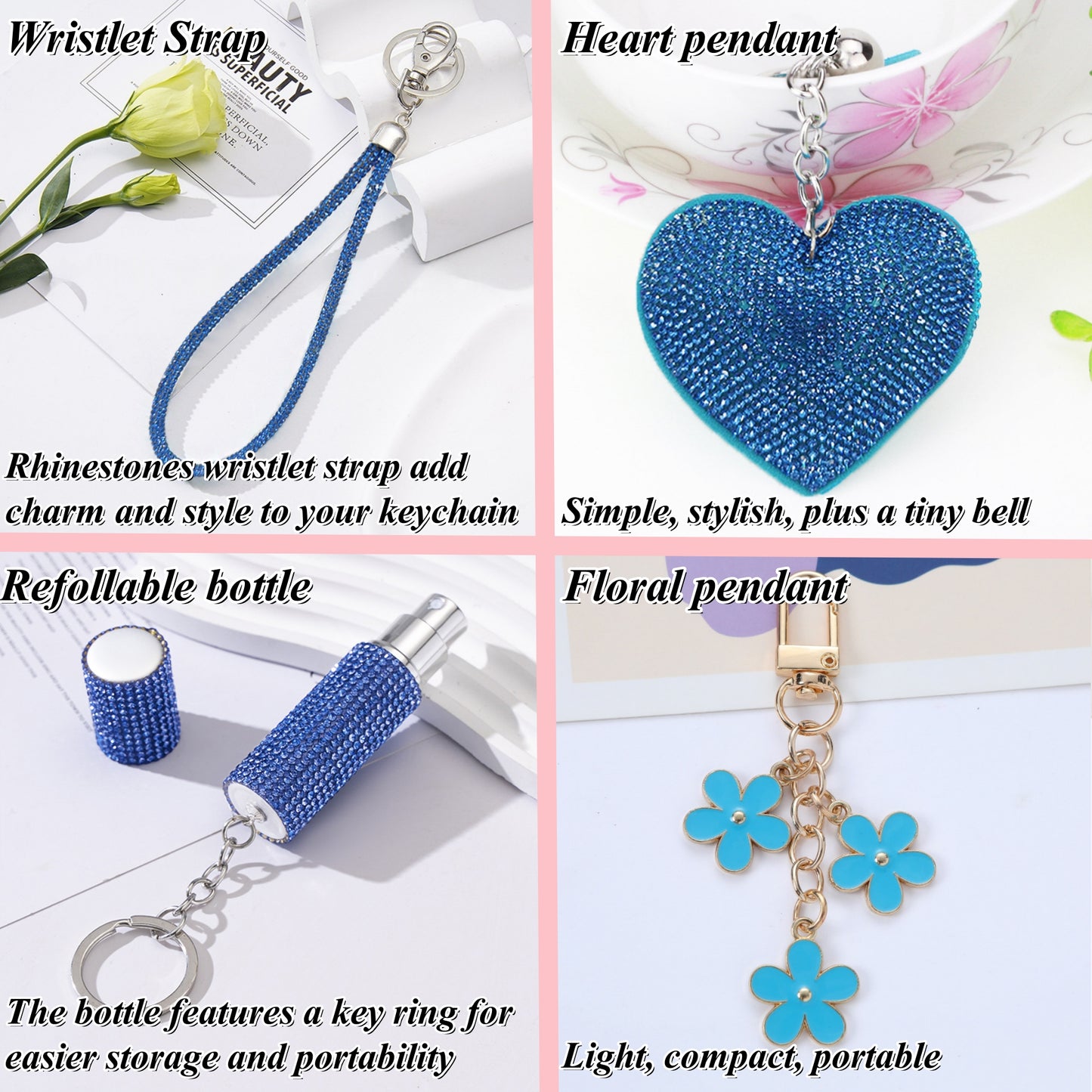 BATUMEYE Gift Keychain Set for Women Including Wrist Strap, Heart Accessory, Petal Decor and Pom Pom Blue