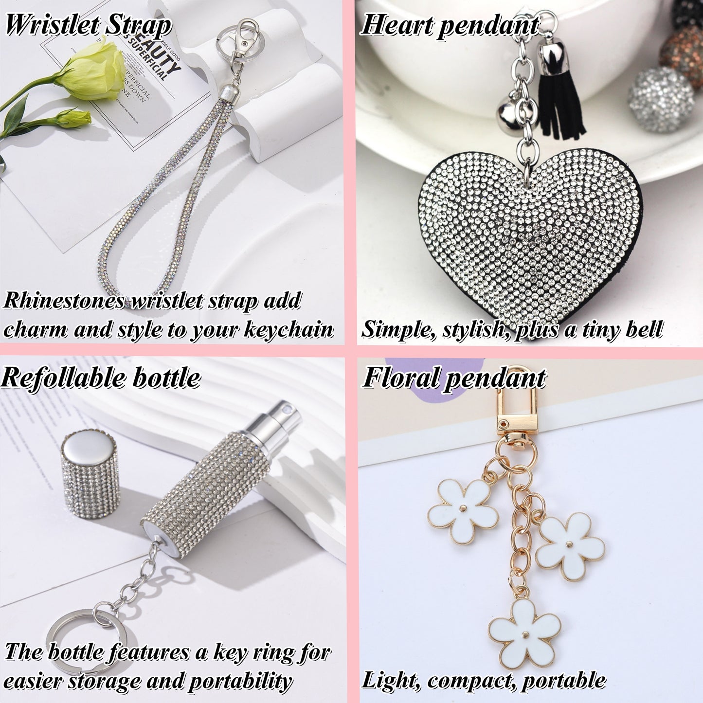 BATUMEYE Gift Keychain Set for Women Including Wrist Strap, Heart Accessory, Petal Decor and Pom Pom Grey