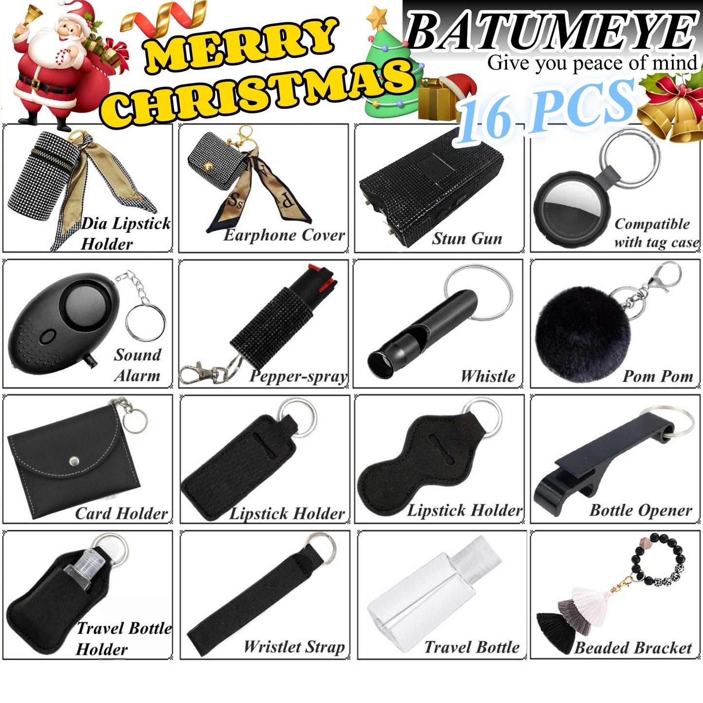 BATUMEYE Gift Set for Woman with Bottle Opener, Card Holder, Wristlet Strap, Whistle, Travel Bottle Holder(Bag Black)