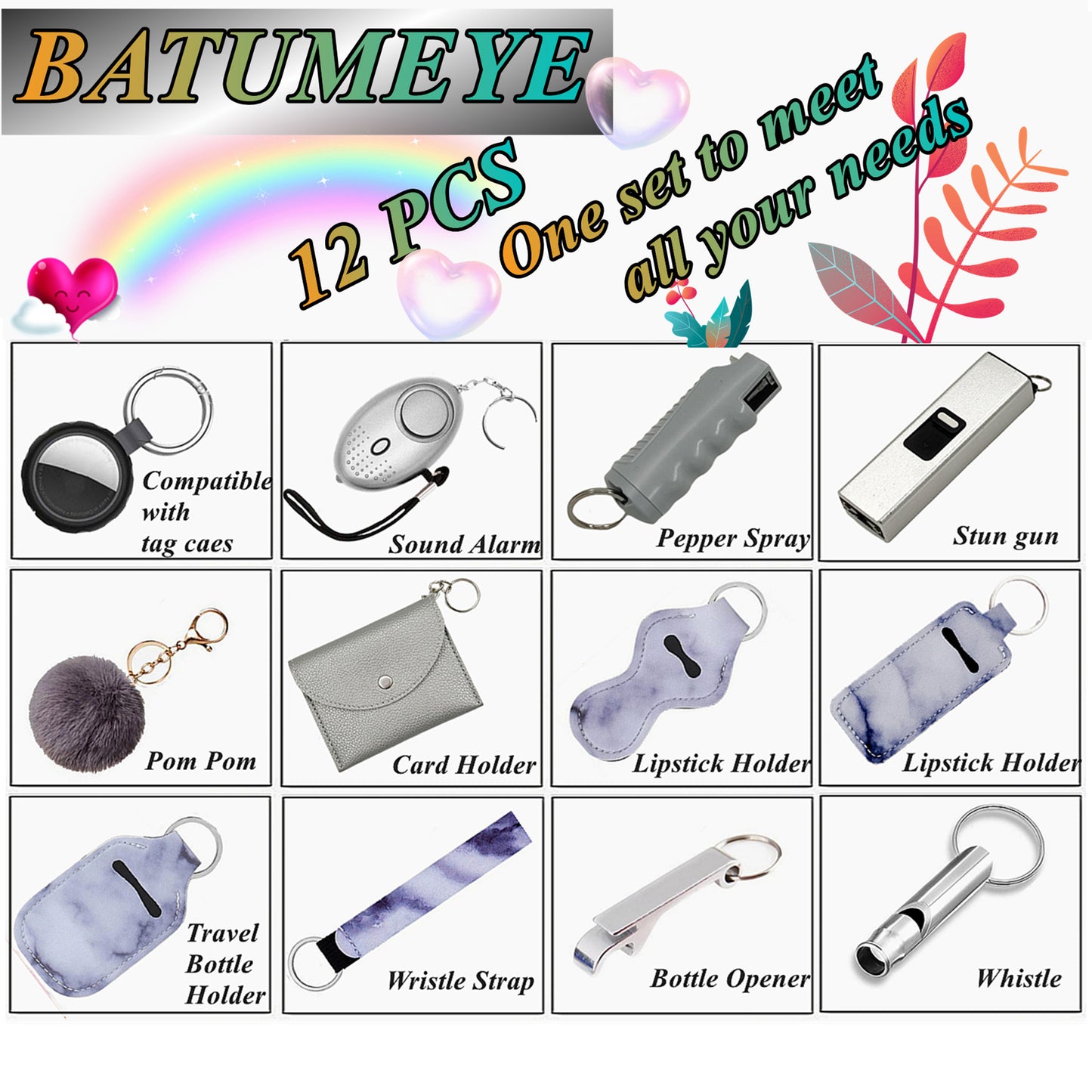 BATUMEYE Gift Set for Woman with Pom Pom Ball, Lip Balm Lanyard, Card Holder, Whistle, Travel Bottle Holder, BottleOpen Marble Grey