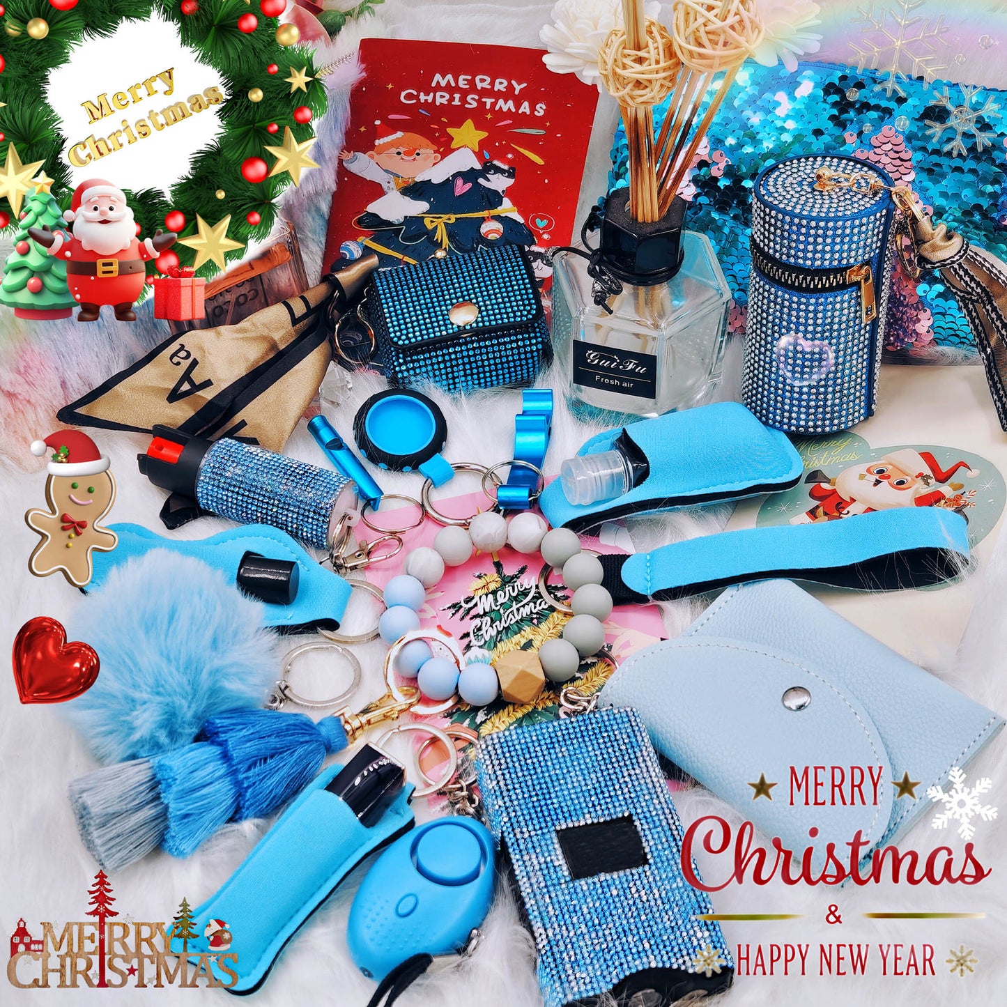 BATUMEYE Gift Set for Woman with Bottle Opener, Card Holder, Wristlet Strap, Whistle, Travel Bottle Holder(Bag Blue)