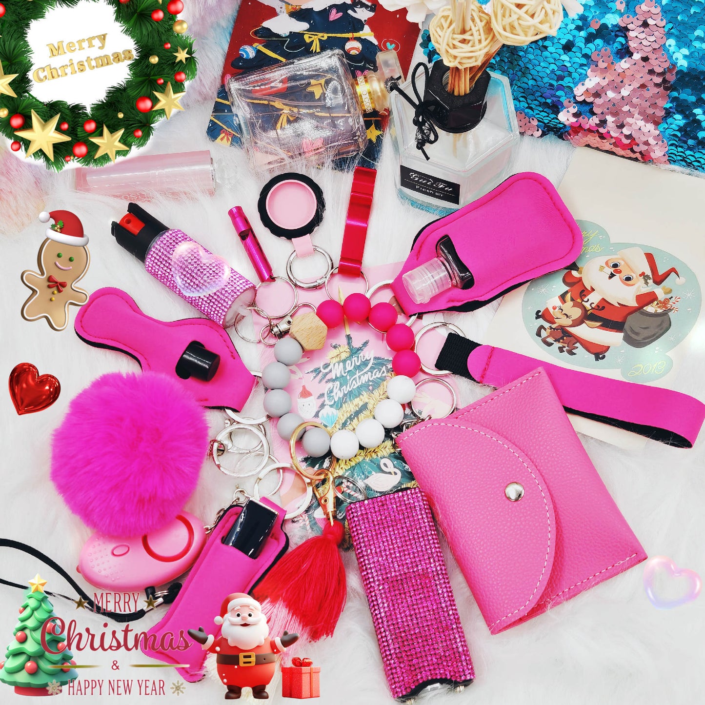 BATUMEYE Gift Set for Woman with Pom Pom Ball, Lip Balm Lanyard, Card Holder, Whistle, Travel Bottle Holder, BottleOpen Dia-Pink