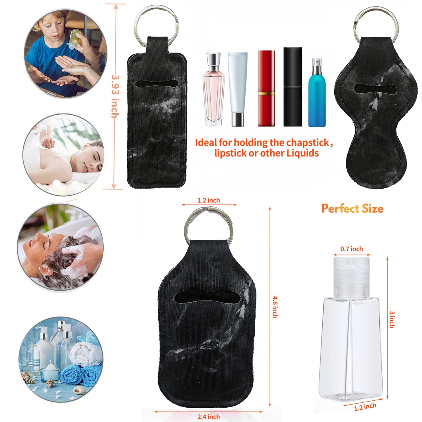 BATUMEYE Gift Set for Woman with Pom Pom Ball, Lip Balm Lanyard, Card Holder, Whistle, Travel Bottle Holder, BottleOpen Marble Black