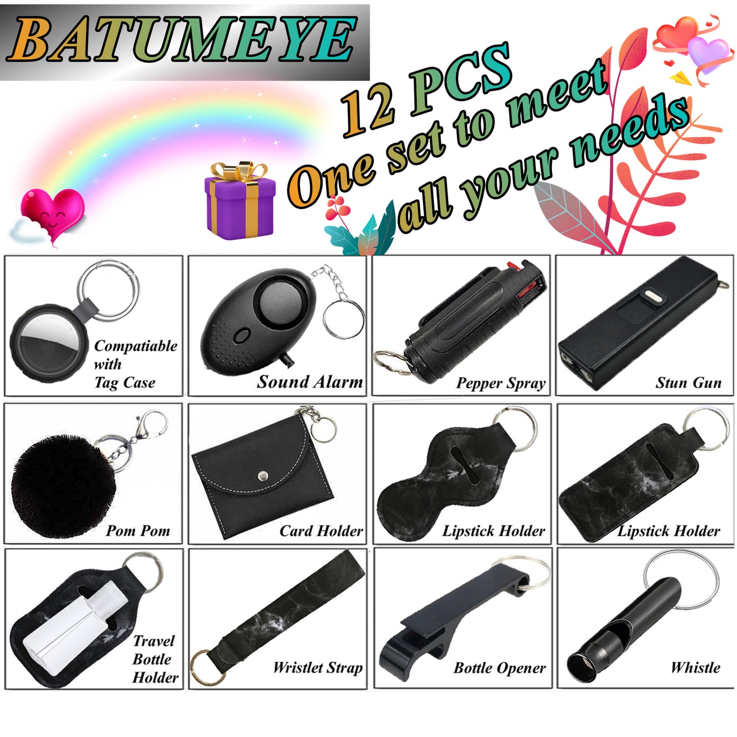 BATUMEYE Gift Set for Woman with Pom Pom Ball, Lip Balm Lanyard, Card Holder, Whistle, Travel Bottle Holder, BottleOpen Marble Black