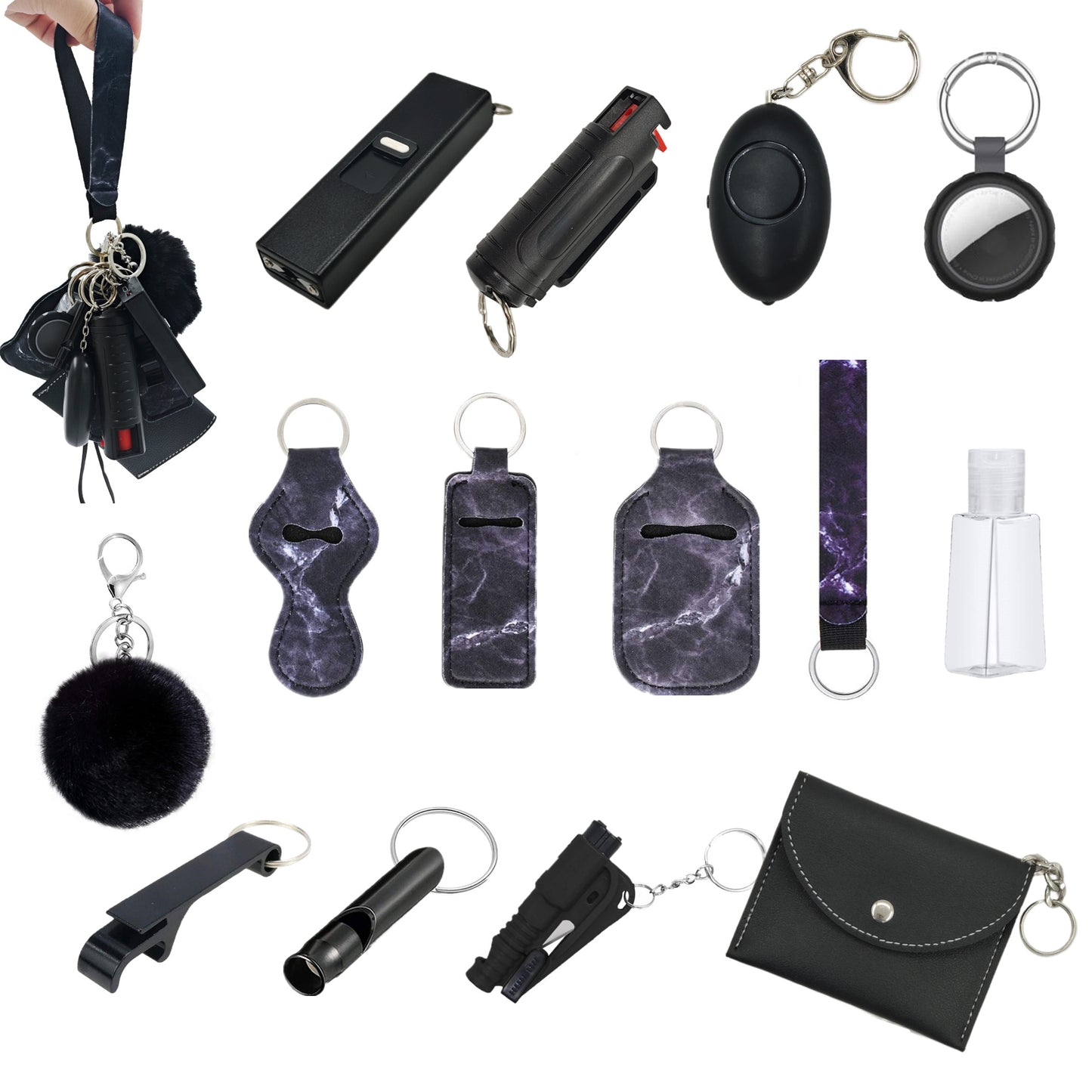 BATUMEYE Gift Set for Woman with Pom Pom Ball, Lip Balm Lanyard, Card Holder, Whistle, Travel Bottle Holder, BottleOpen, Seatbelt Cutter Marble Black