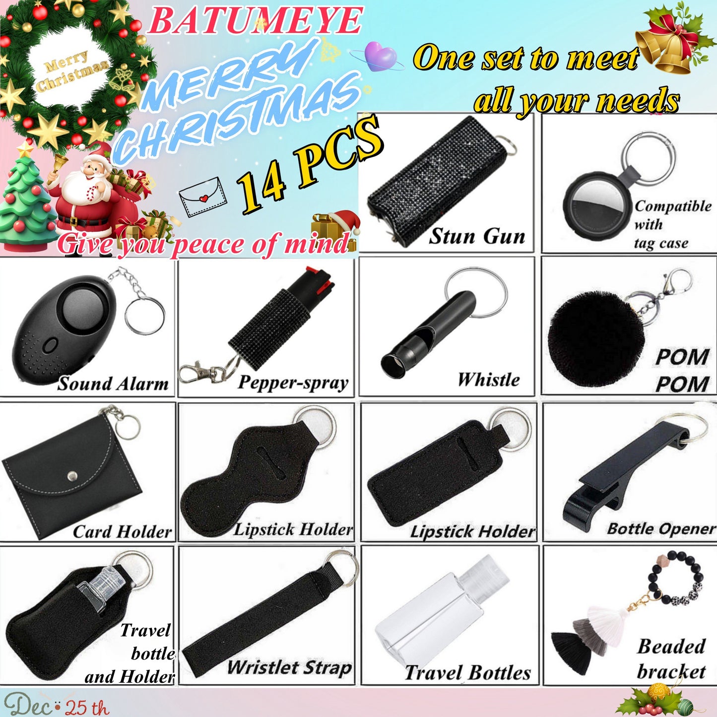 BATUMEYE Gift Set for Woman with Pom Pom Ball, Lip Balm Lanyard, Card Holder, Whistle, Travel Bottle Holder, BottleOpen Dia-Black