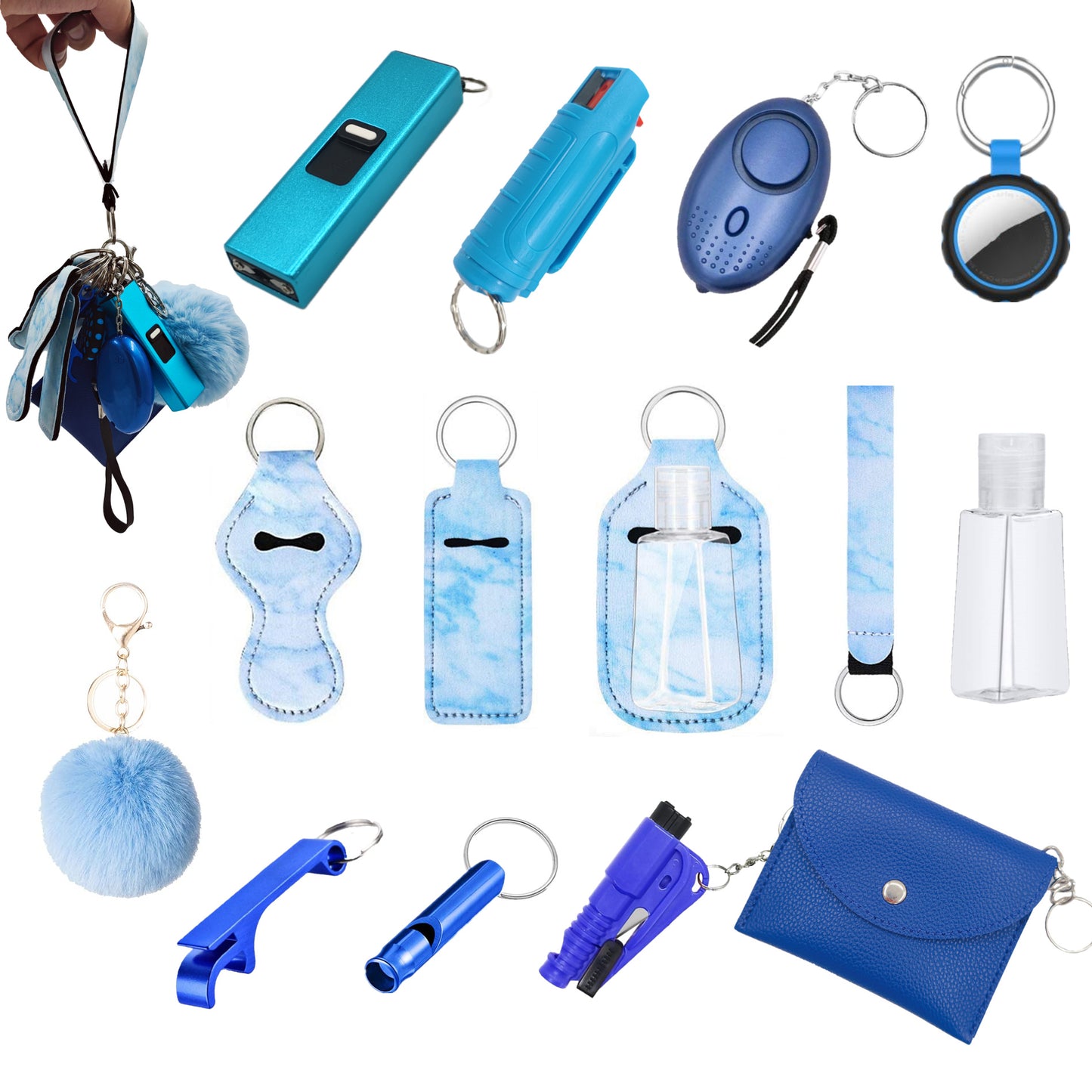 BATUMEYE Gift Set for Woman with Pom Pom Ball, Lip Balm Lanyard, Card Holder, Whistle, Travel Bottle Holder, BottleOpen, Seatbelt Cutter Marble Blue