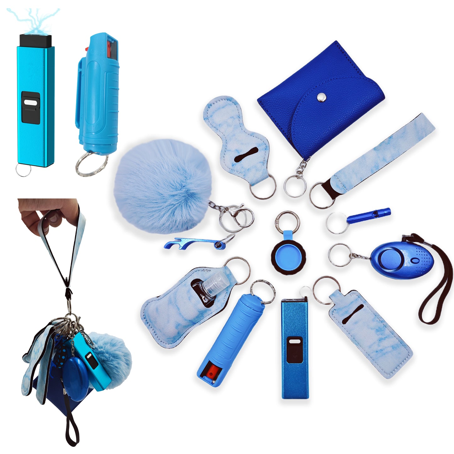 BATUMEYE Gift Set for Woman with Pom Pom Ball, Lip Balm Lanyard, Card Holder, Whistle, Travel Bottle Holder, BottleOpen Marble Blue