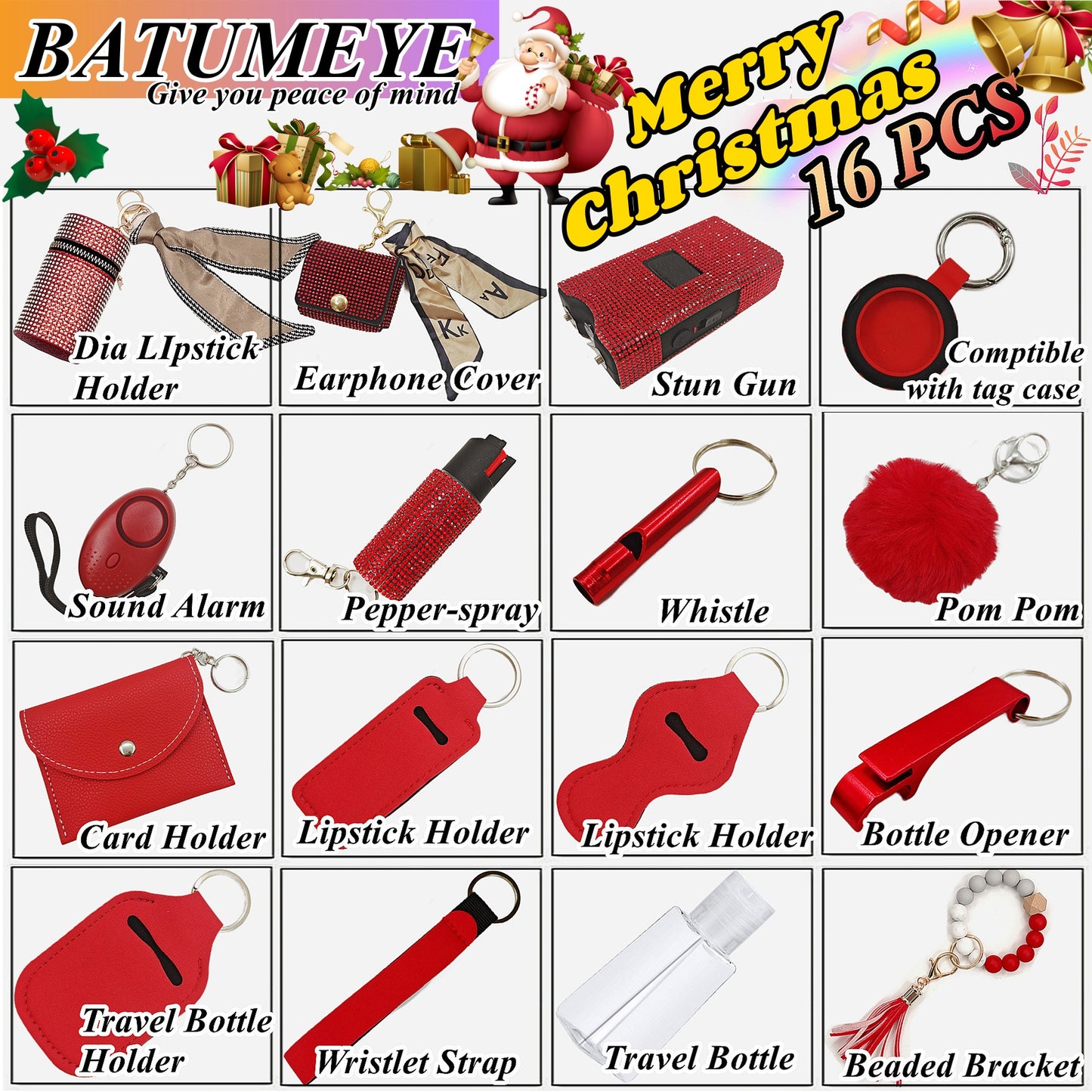 BATUMEYE Gift Set for Woman with Bottle Opener, Card Holder, Wristlet Strap, Whistle, Travel Bottle Holder(Bag Red)