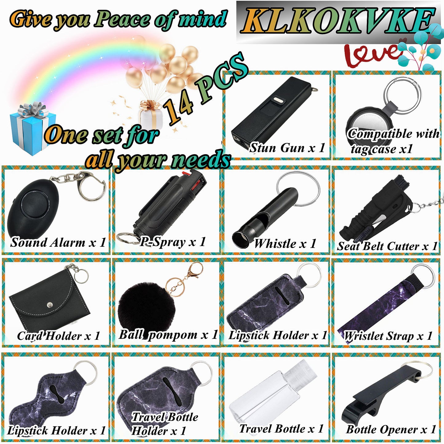 BATUMEYE Gift Set for Woman with Pom Pom Ball, Lip Balm Lanyard, Card Holder, Whistle, Travel Bottle Holder, BottleOpen, Seatbelt Cutter Marble Black