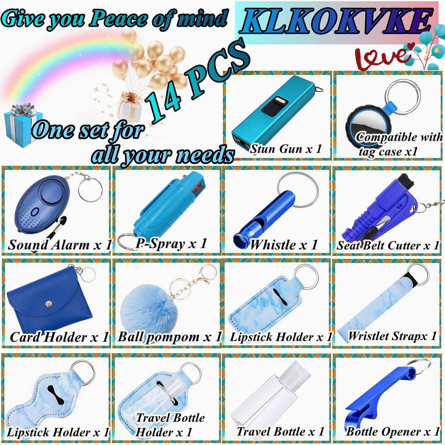 BATUMEYE Gift Set for Woman with Pom Pom Ball, Lip Balm Lanyard, Card Holder, Whistle, Travel Bottle Holder, BottleOpen, Seatbelt Cutter Marble Blue