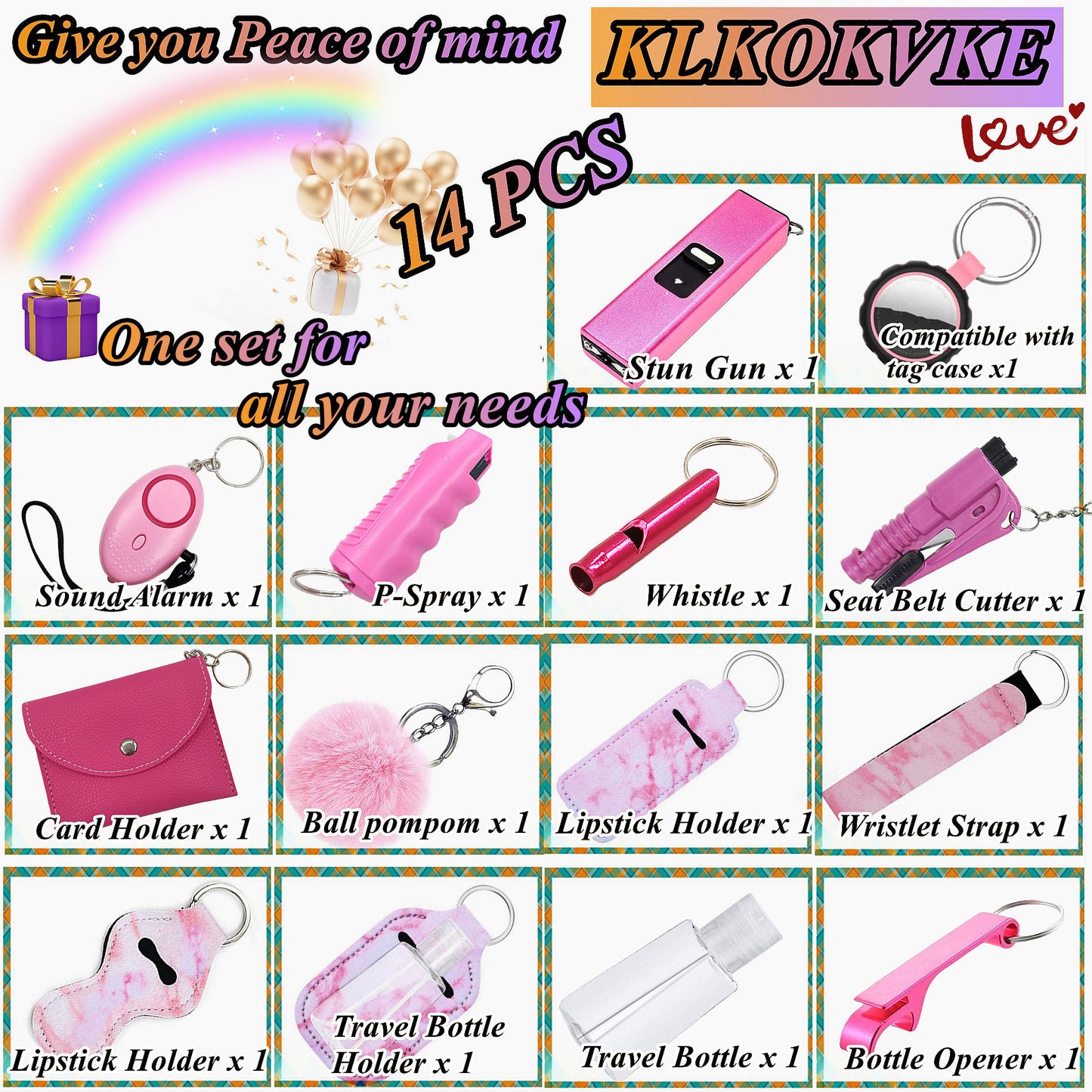 BATUMEYE Gift Set for Woman with Pom Pom Ball, Lip Balm Lanyard, Card Holder, Whistle, Travel Bottle Holder, BottleOpen, Seatbelt Cutter Marble Pink