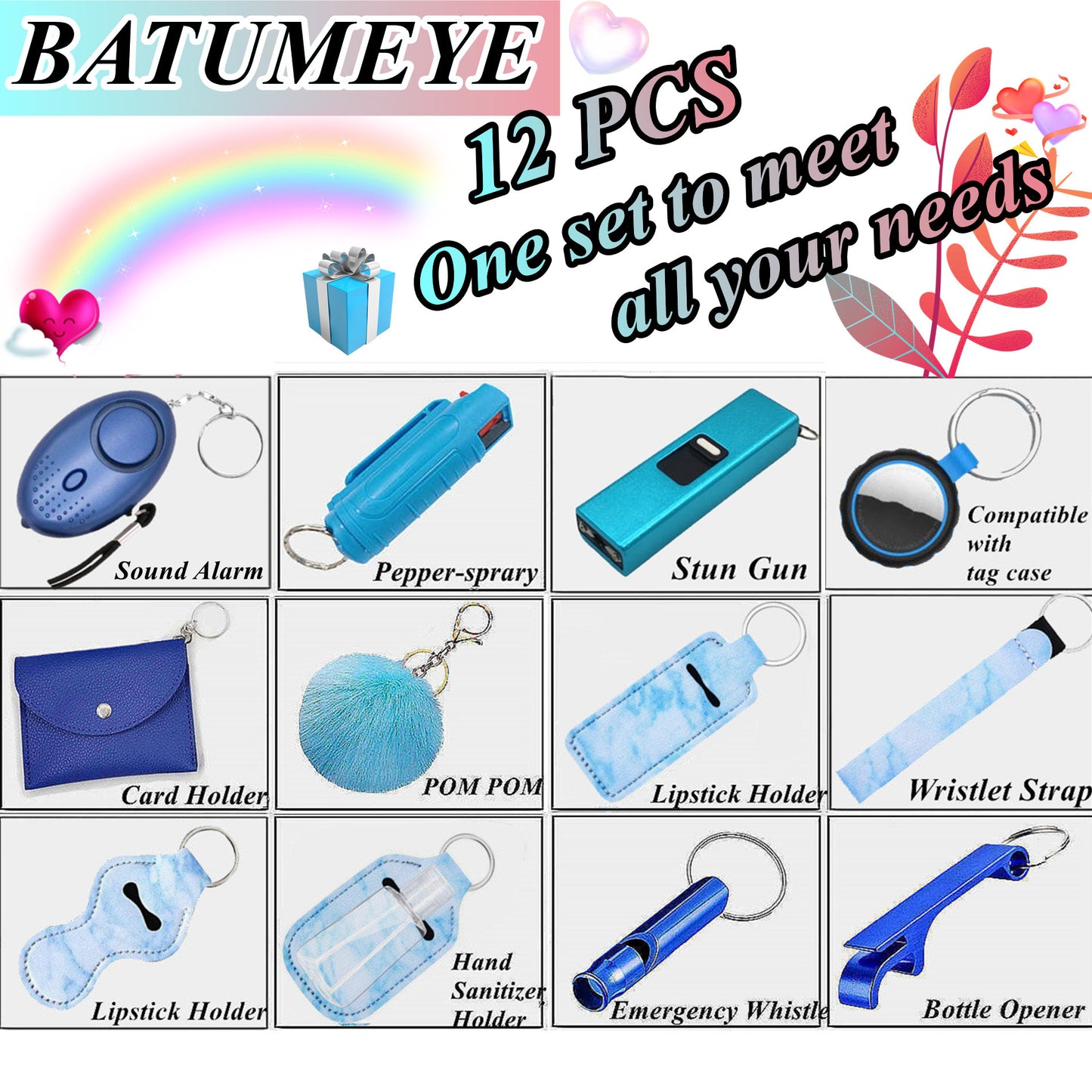 BATUMEYE Gift Set for Woman with Pom Pom Ball, Lip Balm Lanyard, Card Holder, Whistle, Travel Bottle Holder, BottleOpen Marble Blue