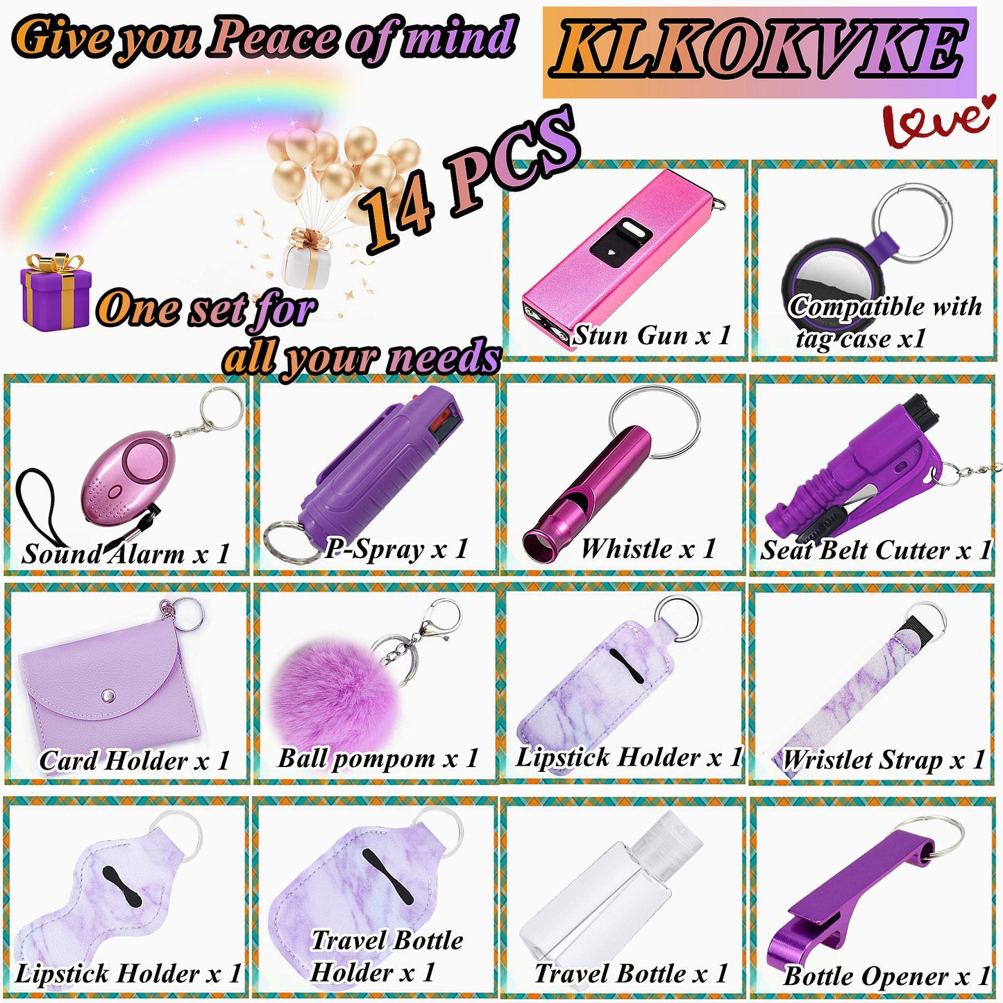 BATUMEYE Gift Set for Woman with Pom Pom Ball, Lip Balm Lanyard, Card Holder, Whistle, Travel Bottle Holder, BottleOpen, Seatbelt Cutter Marble Purple