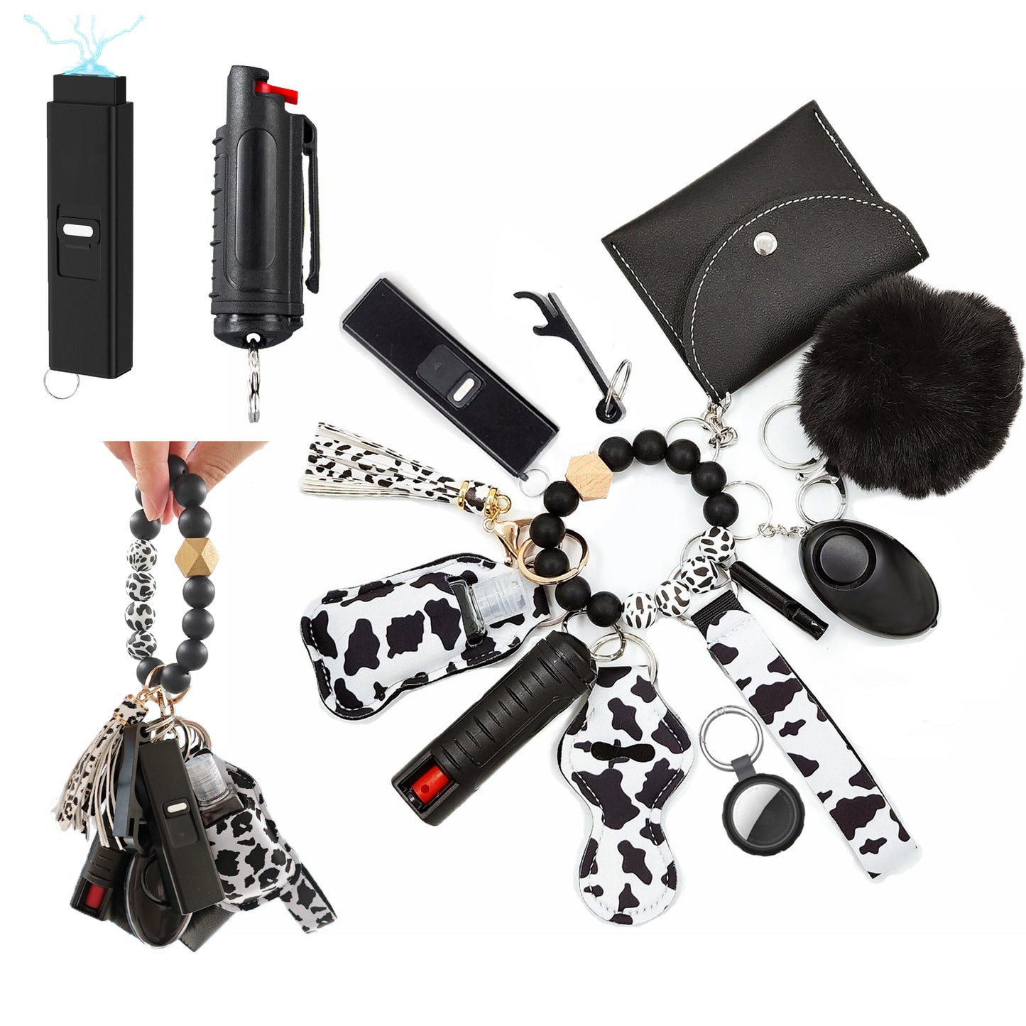 BATUMEYE Gift Set for Woman with Pom Pom Ball, Lip Balm Lanyard, Card Holder, Whistle, Travel Bottle Holder, BottleOpen Cowprint
