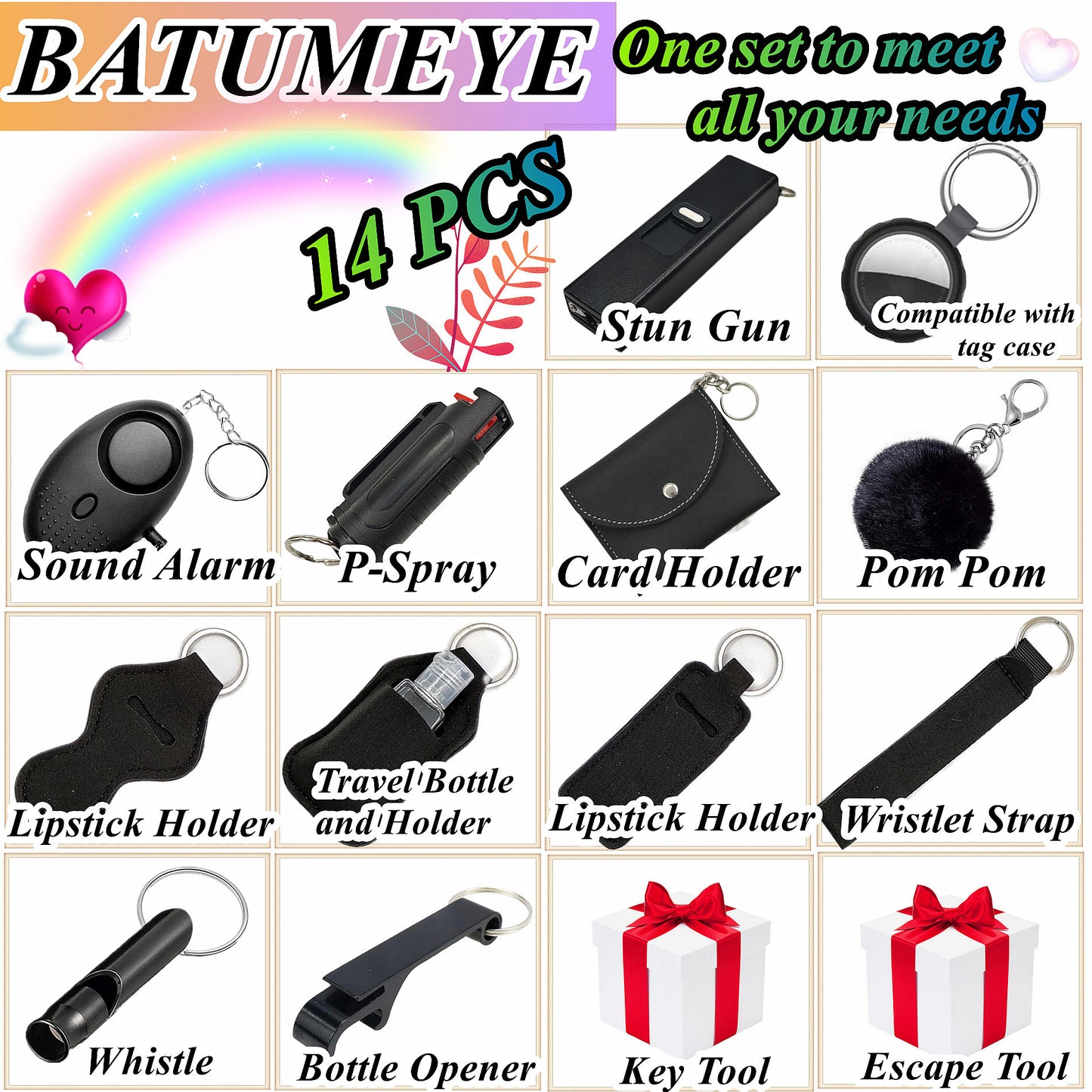 BATUMEYE Gift Set for Woman with Pom Pom Ball, Lip Balm Lanyard, Card Holder, Whistle, Travel Bottle Holder, BottleOpen Black