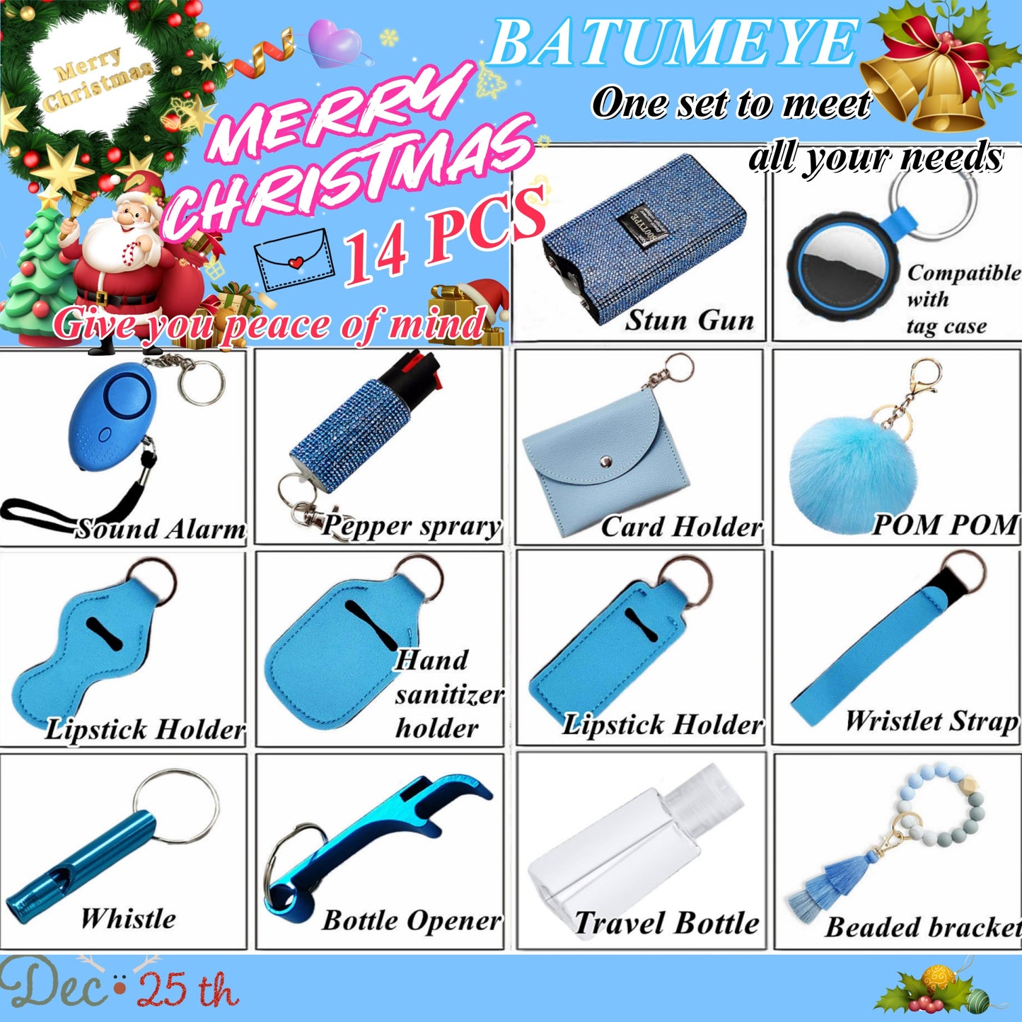 BATUMEYE Gift Set for Woman with Pom Pom Ball, Lip Balm Lanyard, Card Holder, Whistle, Travel Bottle Holder, BottleOpen Dia-Blue