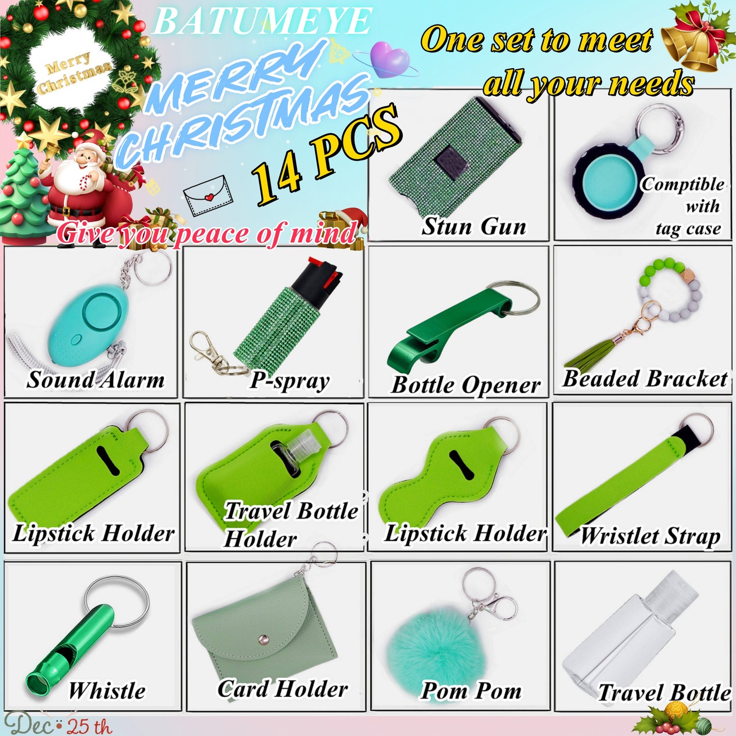 BATUMEYE Gift Set for Woman with Pom Pom Ball, Lip Balm Lanyard, Card Holder, Whistle, Travel Bottle Holder, BottleOpen Dia-Green