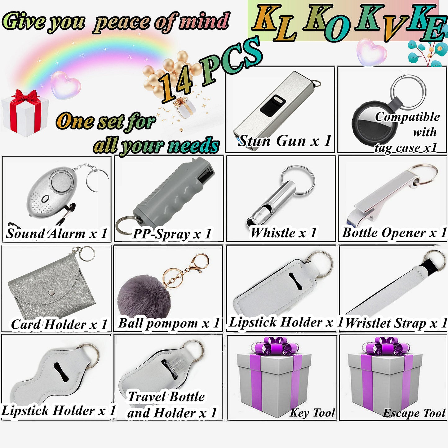 BATUMEYE Gift Set for Woman with Pom Pom Ball, Lip Balm Lanyard, Card Holder, Whistle, Travel Bottle Holder, BottleOpen Grey