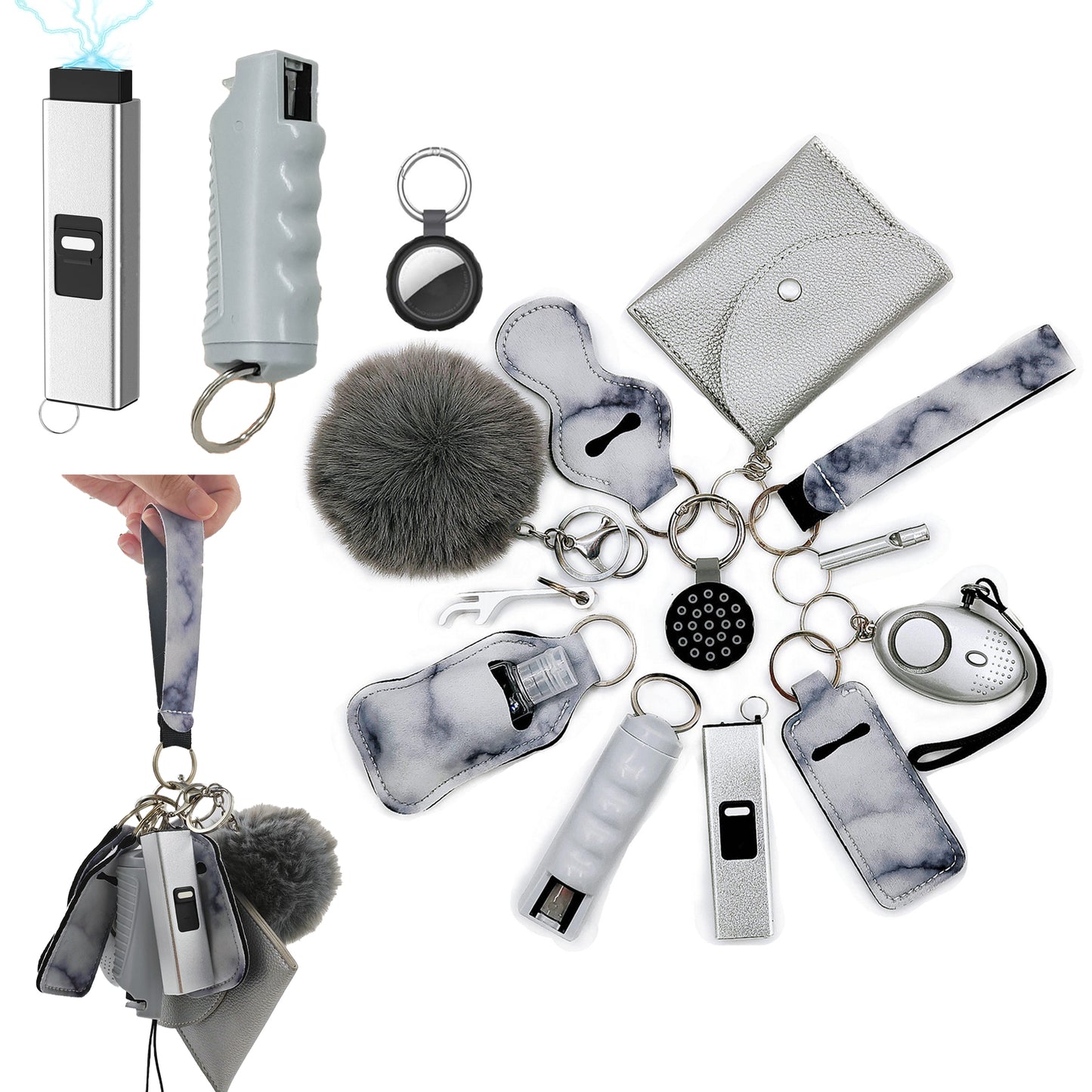 BATUMEYE Gift Set for Woman with Pom Pom Ball, Lip Balm Lanyard, Card Holder, Whistle, Travel Bottle Holder, BottleOpen Marble Grey