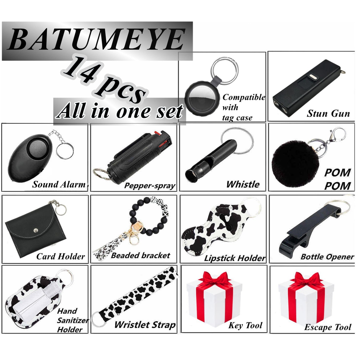BATUMEYE Gift Set for Woman with Pom Pom Ball, Lip Balm Lanyard, Card Holder, Whistle, Travel Bottle Holder, BottleOpen Cowprint