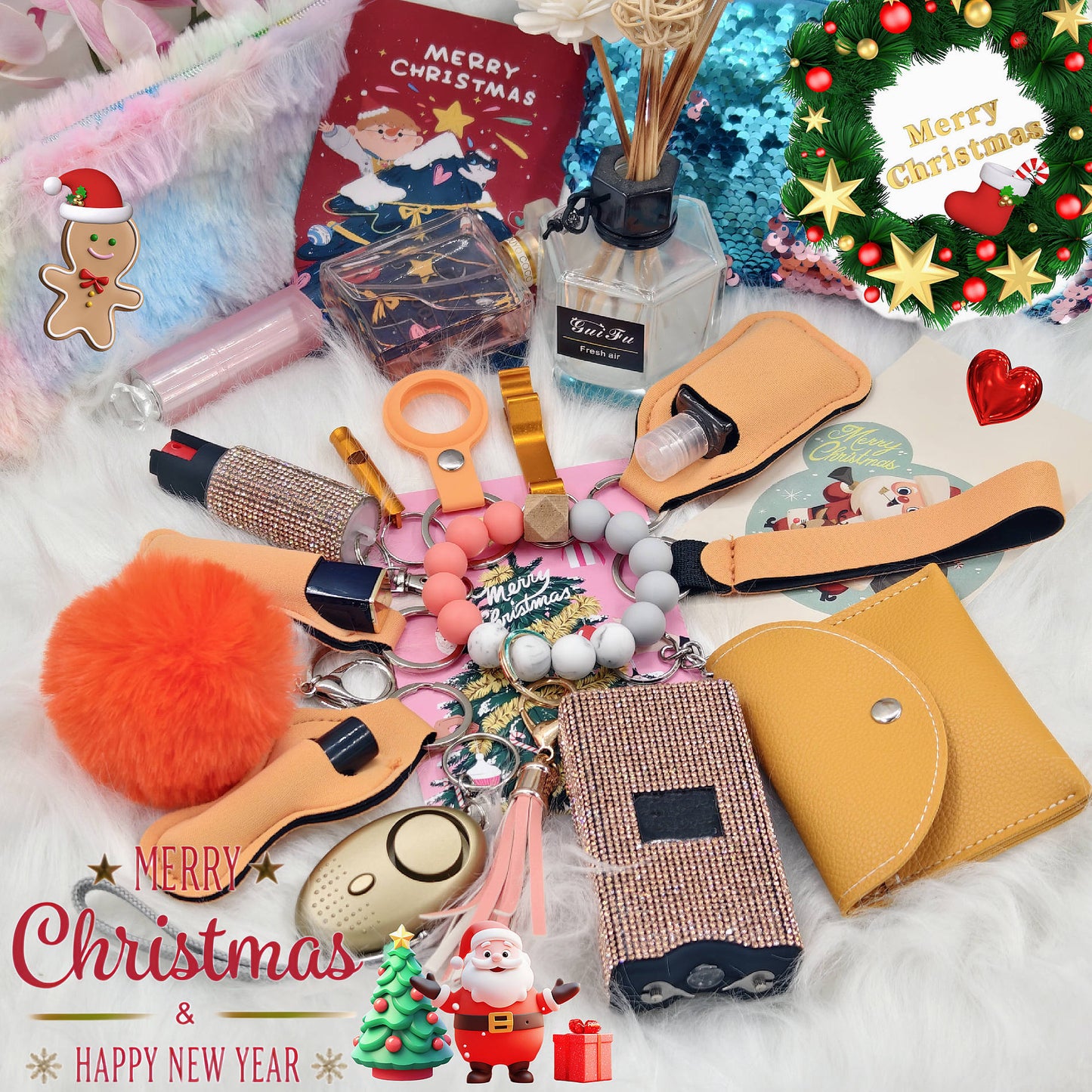 BATUMEYE Gift Set for Woman with Pom Pom Ball, Lip Balm Lanyard, Card Holder, Whistle, Travel Bottle Holder, BottleOpen Dia-Orange