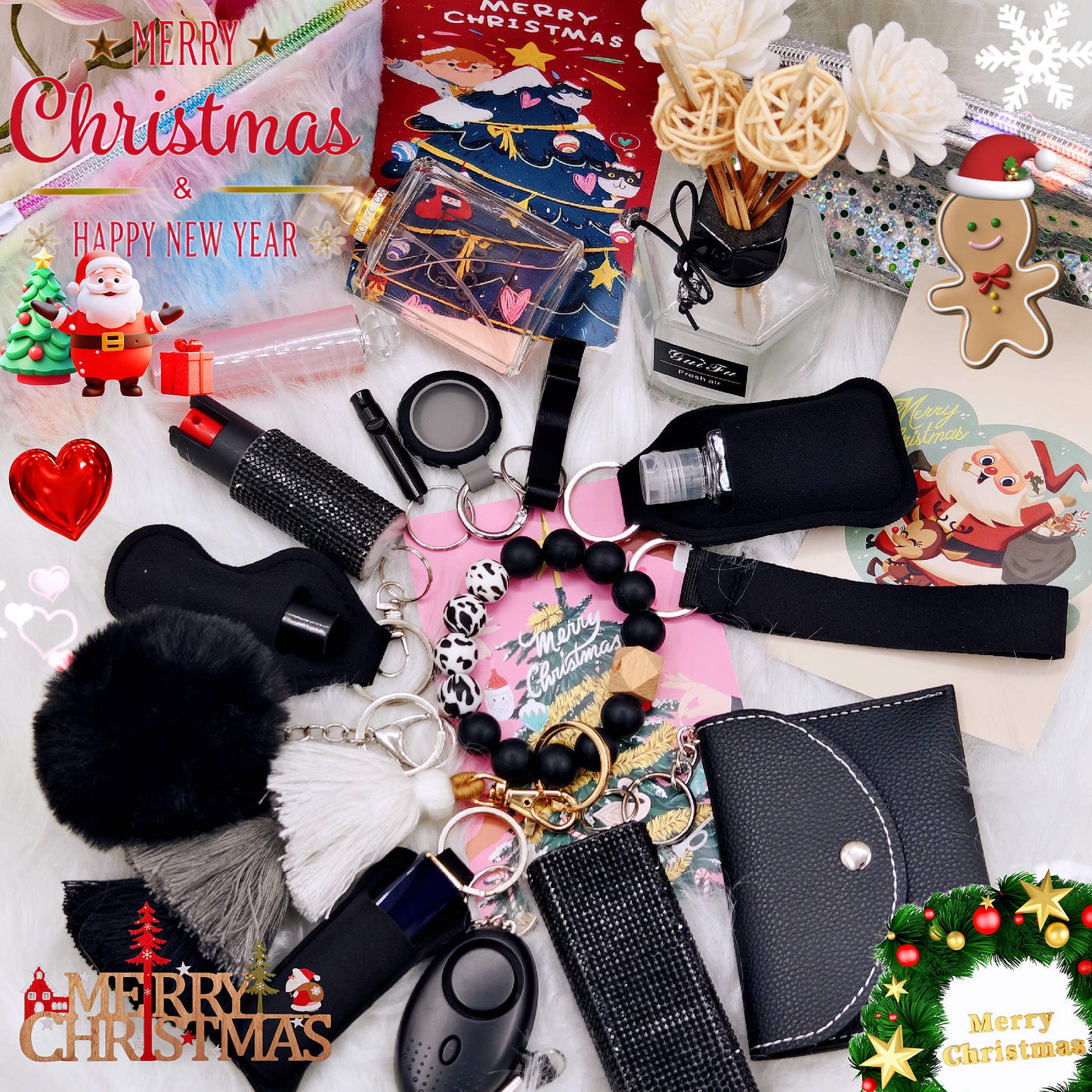 BATUMEYE Gift Set for Woman with Pom Pom Ball, Lip Balm Lanyard, Card Holder, Whistle, Travel Bottle Holder, BottleOpen Dia-Black