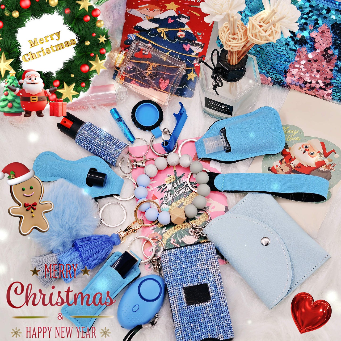 BATUMEYE Gift Set for Woman with Pom Pom Ball, Lip Balm Lanyard, Card Holder, Whistle, Travel Bottle Holder, BottleOpen Dia-Blue