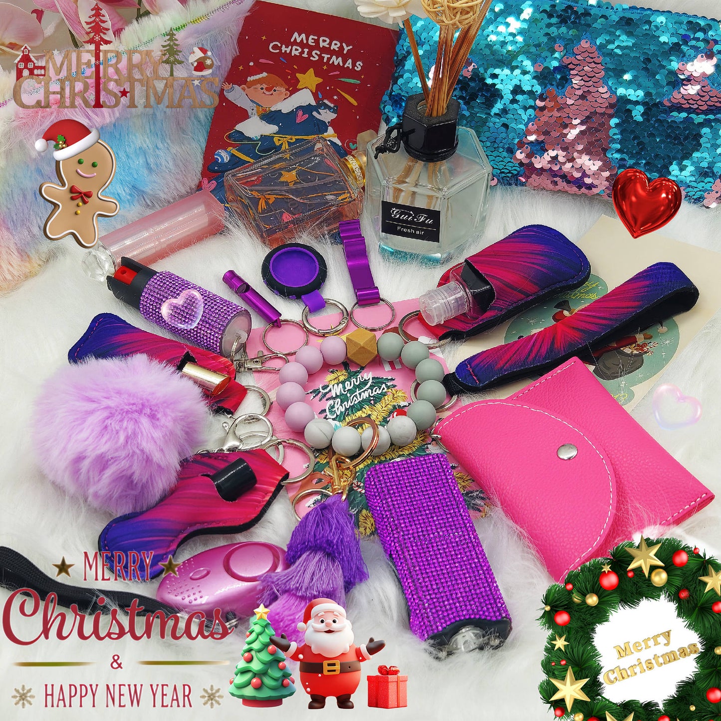 BATUMEYE Gift Set for Woman with Pom Pom Ball, Lip Balm Lanyard, Card Holder, Whistle, Travel Bottle Holder, BottleOpen Dia-Linear-Purple