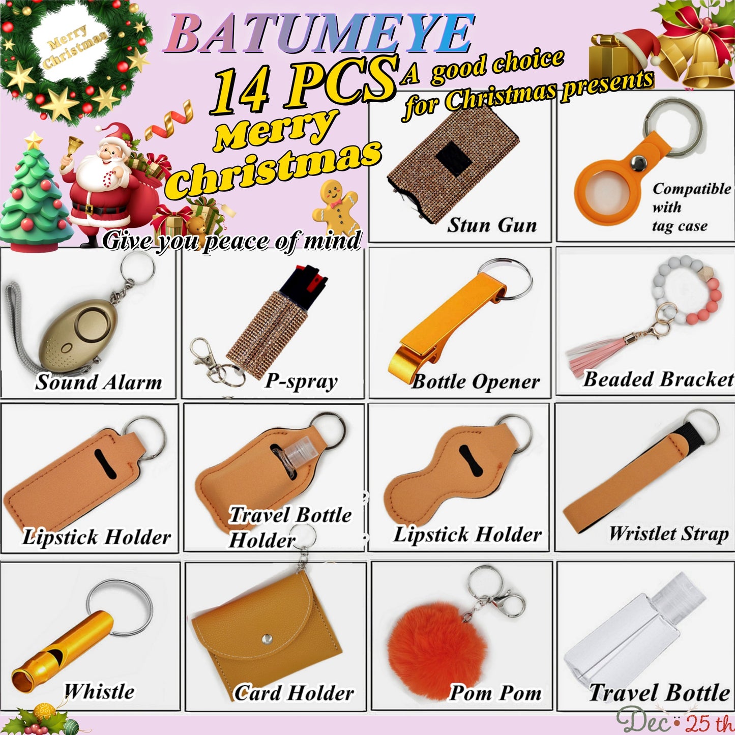 BATUMEYE Gift Set for Woman with Pom Pom Ball, Lip Balm Lanyard, Card Holder, Whistle, Travel Bottle Holder, BottleOpen Dia-Orange
