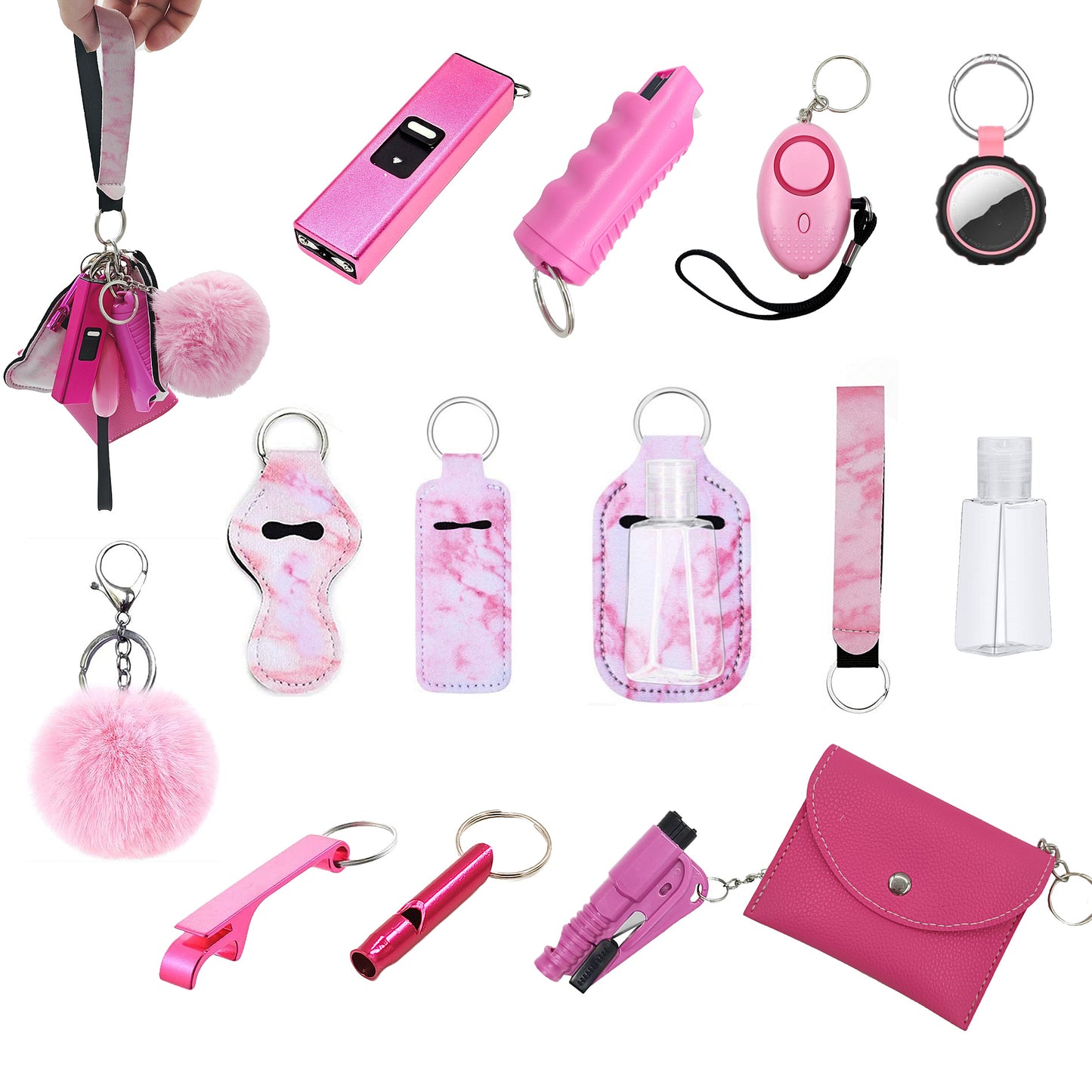 BATUMEYE Gift Set for Woman with Pom Pom Ball, Lip Balm Lanyard, Card Holder, Whistle, Travel Bottle Holder, BottleOpen, Seatbelt Cutter Marble Pink