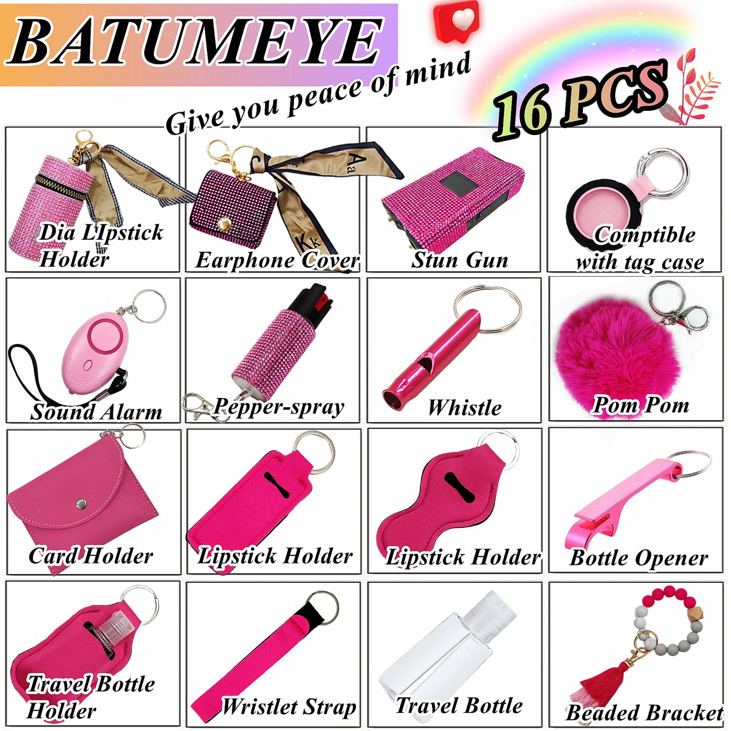 BATUMEYE Gift Set for Woman with Bottle Opener, Card Holder, Wristlet Strap, Whistle, Travel Bottle Holder(Bag Pink)