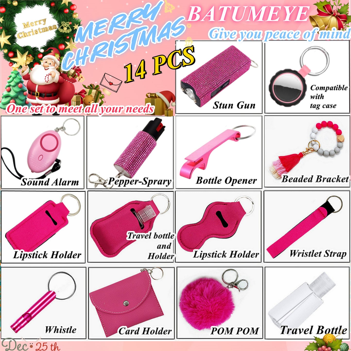 BATUMEYE Gift Set for Woman with Pom Pom Ball, Lip Balm Lanyard, Card Holder, Whistle, Travel Bottle Holder, BottleOpen Dia-Pink
