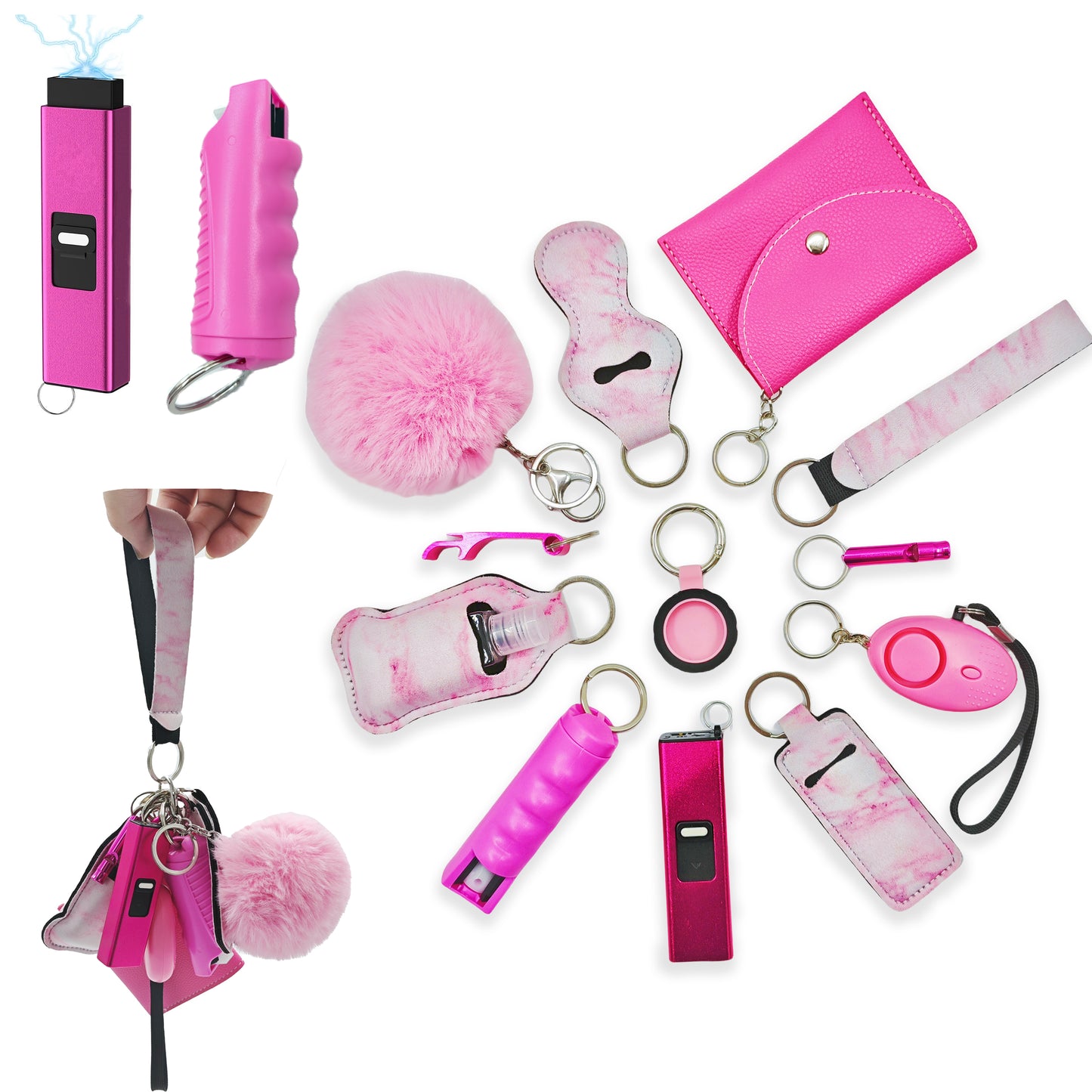 BATUMEYE Gift Set for Woman with Pom Pom Ball, Lip Balm Lanyard, Card Holder, Whistle, Travel Bottle Holder, BottleOpen Marble Pink