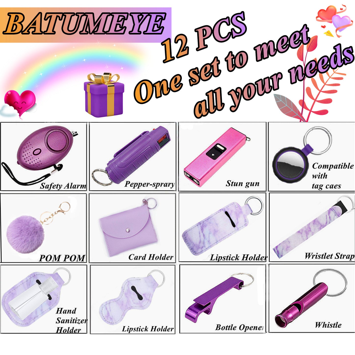 BATUMEYE Gift Set for Woman with Pom Pom Ball, Lip Balm Lanyard, Card Holder, Whistle, Travel Bottle Holder, BottleOpen Marble Purple