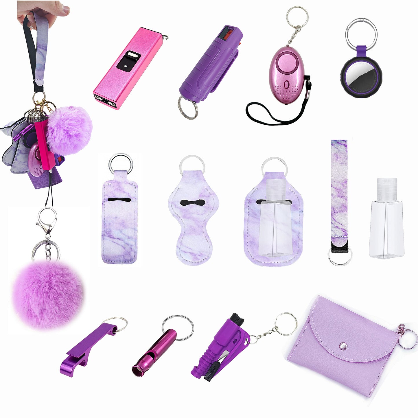 BATUMEYE Gift Set for Woman with Pom Pom Ball, Lip Balm Lanyard, Card Holder, Whistle, Travel Bottle Holder, BottleOpen, Seatbelt Cutter Marble Purple
