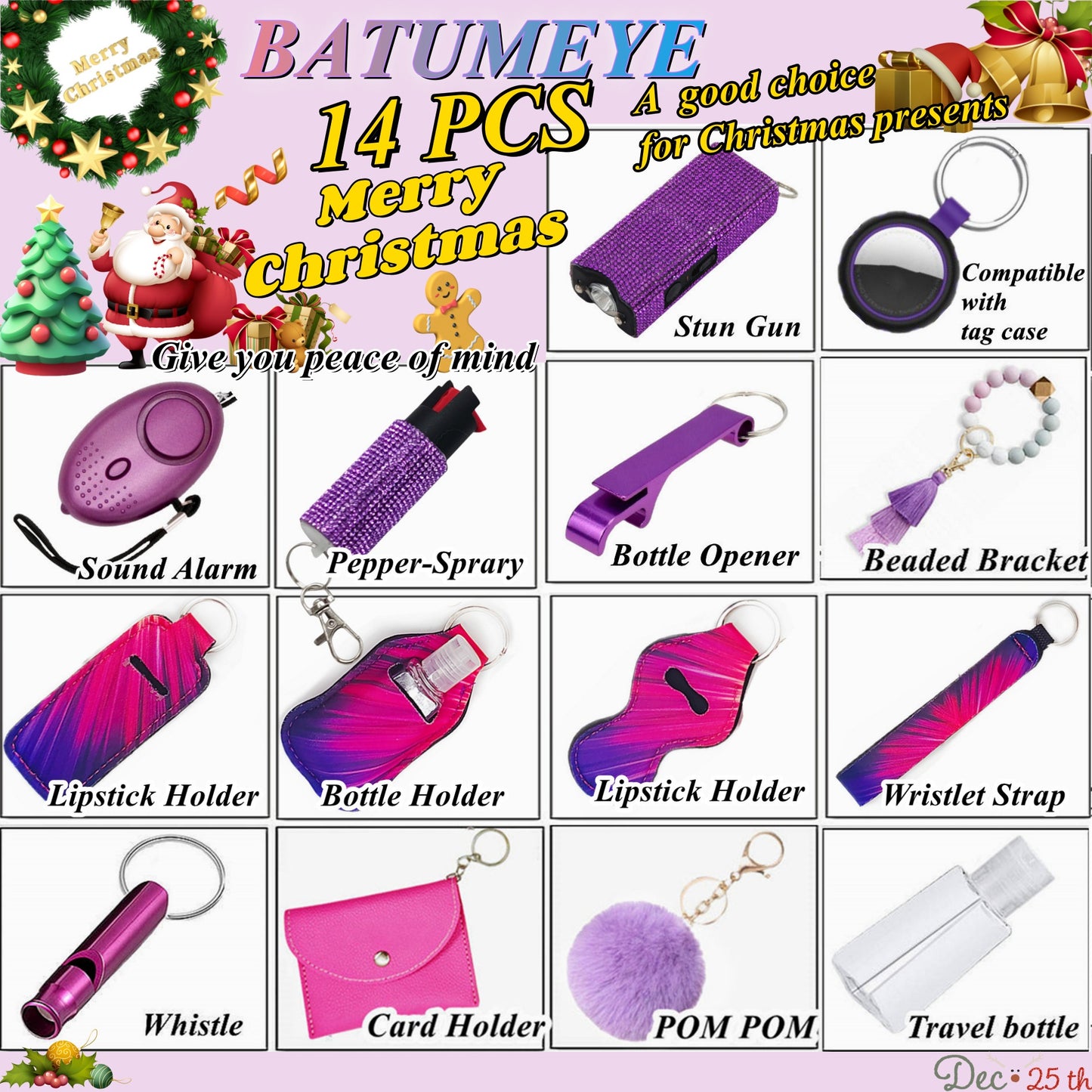 BATUMEYE Gift Set for Woman with Pom Pom Ball, Lip Balm Lanyard, Card Holder, Whistle, Travel Bottle Holder, BottleOpen Dia-Linear-Purple