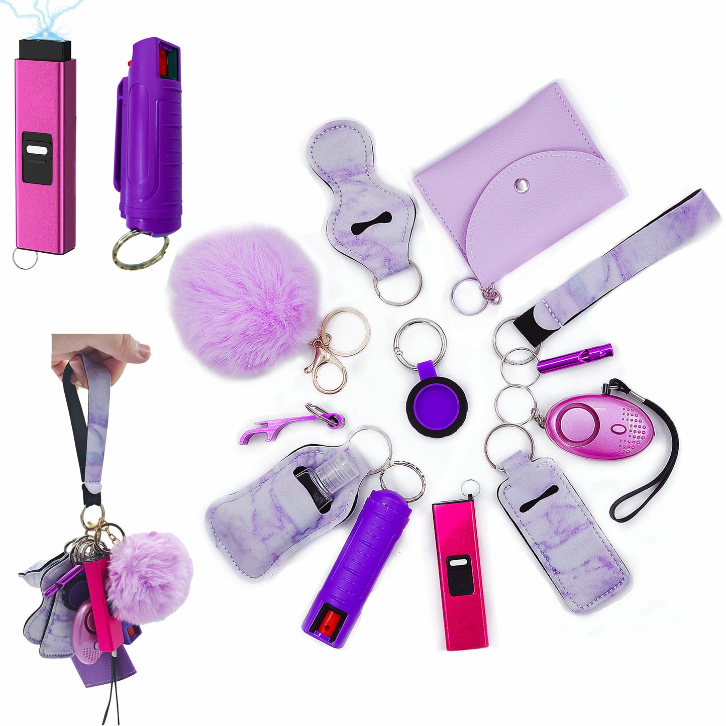 BATUMEYE Gift Set for Woman with Pom Pom Ball, Lip Balm Lanyard, Card Holder, Whistle, Travel Bottle Holder, BottleOpen Marble Purple