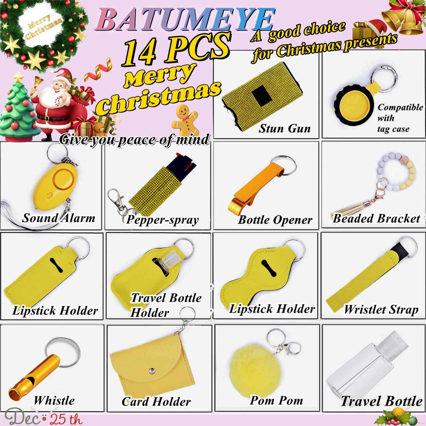 BATUMEYE Gift Set for Woman with Pom Pom Ball, Lip Balm Lanyard, Card Holder, Whistle, Travel Bottle Holder, BottleOpen Dia-Yellow
