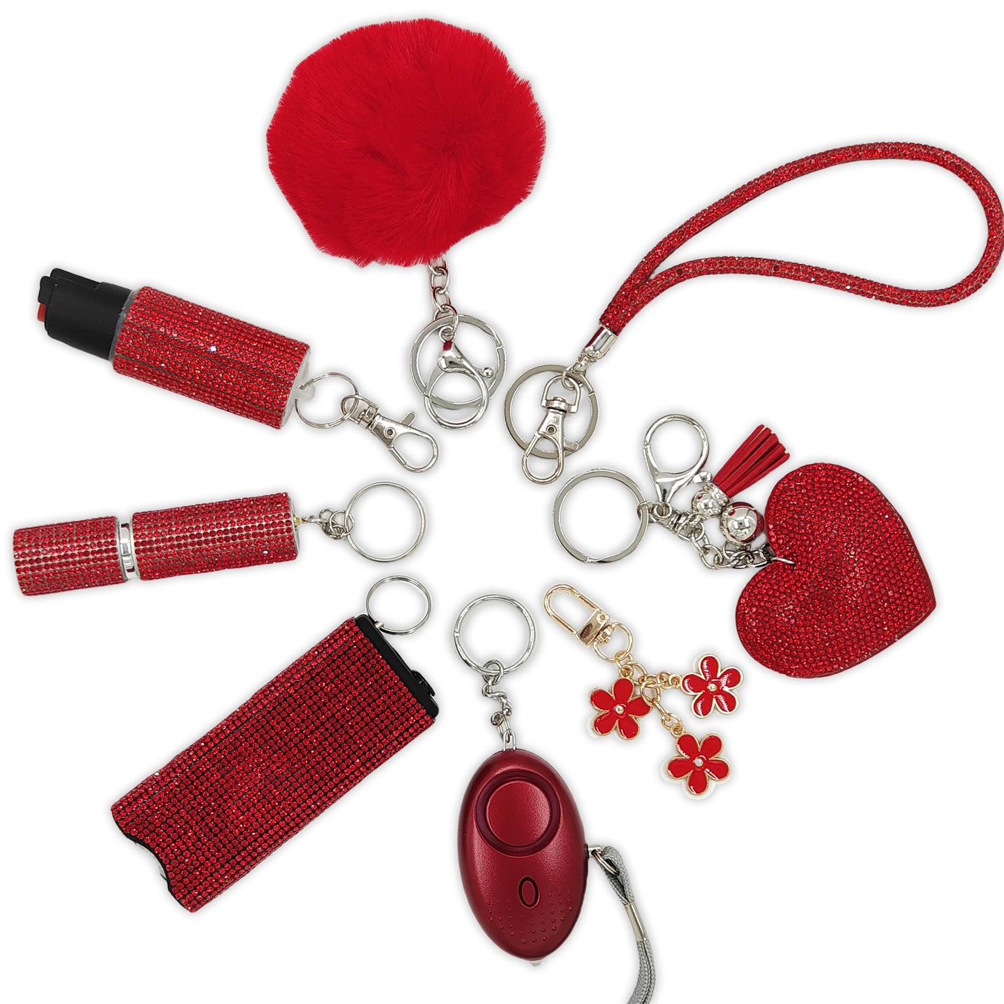 BATUMEYE Gift Keychain Set for Women Including Wrist Strap, Heart Accessory, Petal Decor and Pom Pom Red