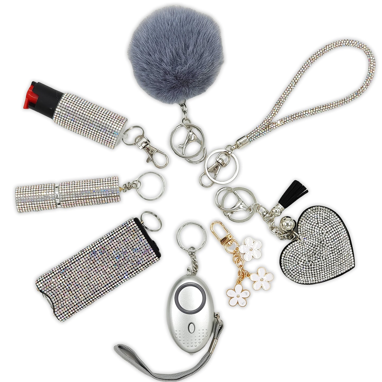 BATUMEYE Gift Keychain Set for Women Including Wrist Strap, Heart Accessory, Petal Decor and Pom Pom Grey