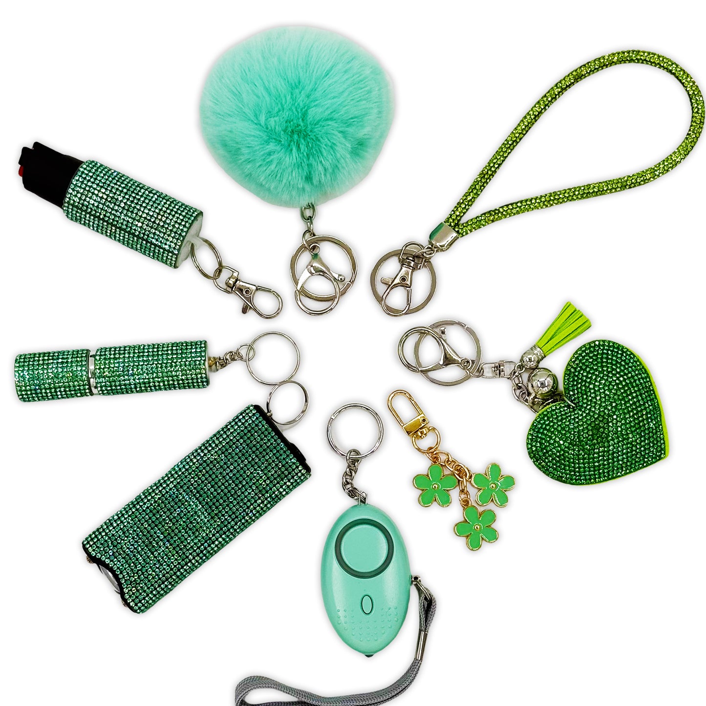 BATUMEYE Gift Keychain Set for Women Including Wrist Strap, Heart Accessory, Petal Decor and Pom Pom Green