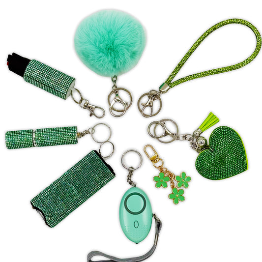 BATUMEYE Gift Keychain Set for Women Including Wrist Strap, Heart Accessory, Petal Decor and Pom Pom Green