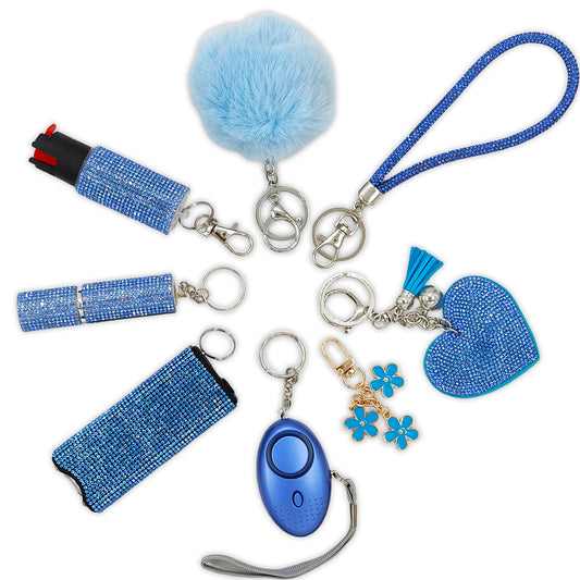 BATUMEYE Gift Keychain Set for Women Including Wrist Strap, Heart Accessory, Petal Decor and Pom Pom Blue