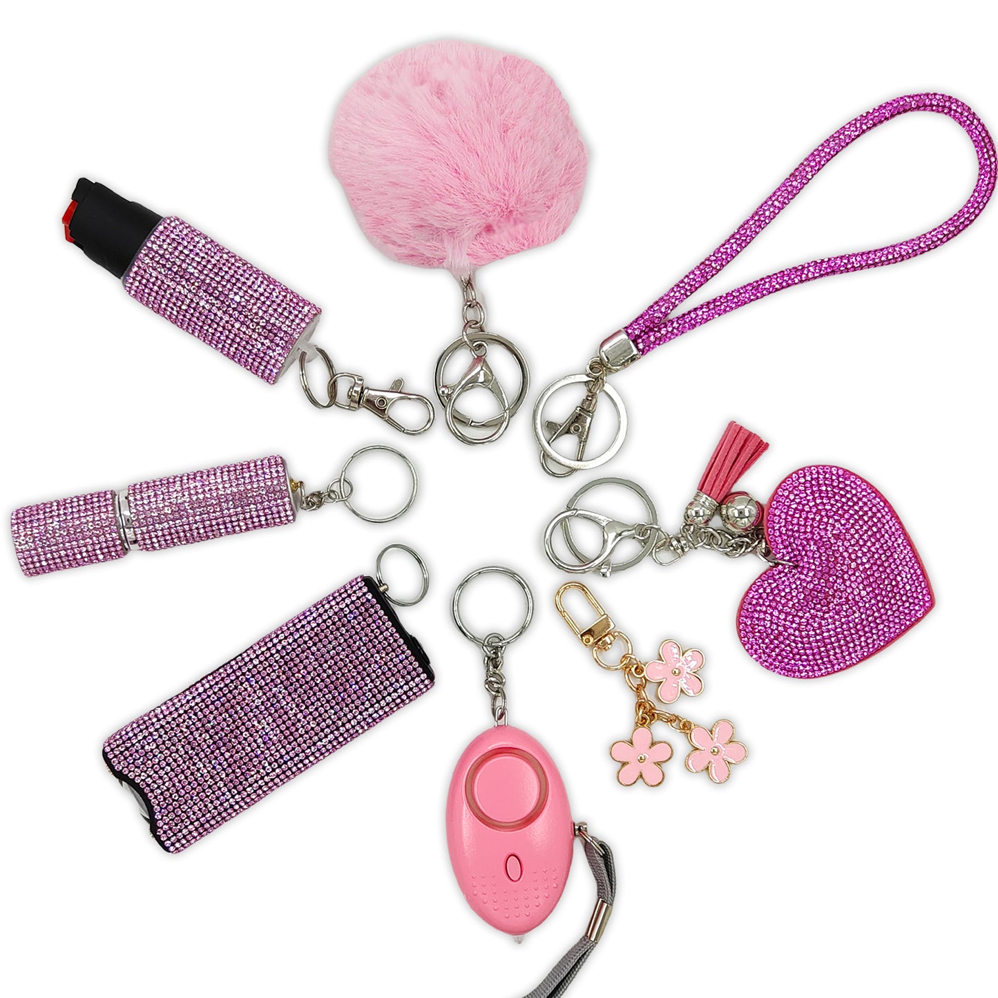 BATUMEYE Gift Keychain Set for Women Including Wrist Strap, Heart Accessory, Petal Decor and Pom Pom Pink